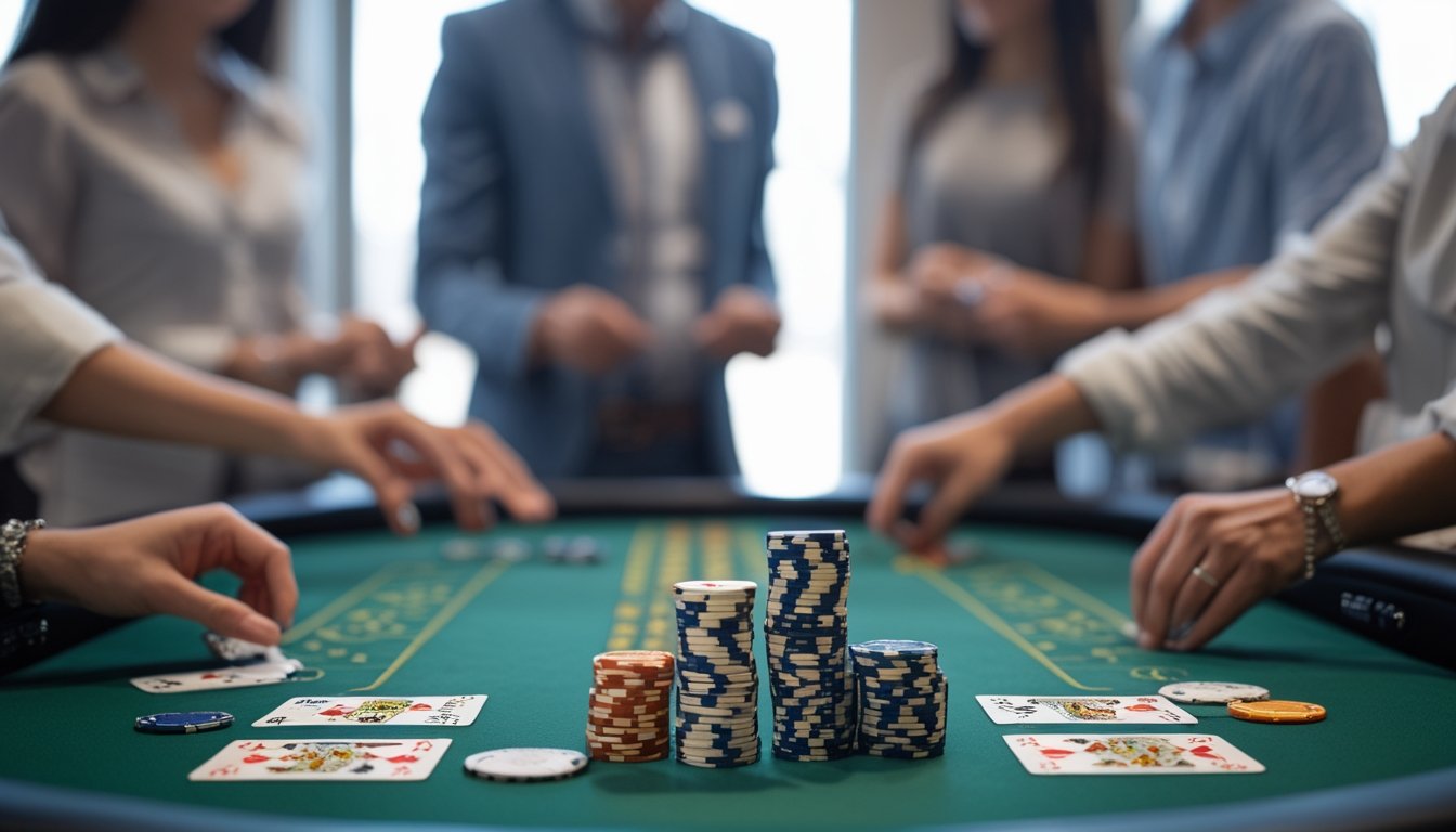 Meja kasino dengan kartu dan chip poker Casino Hold’em, pemain yang sedang bermain di latar belakang.