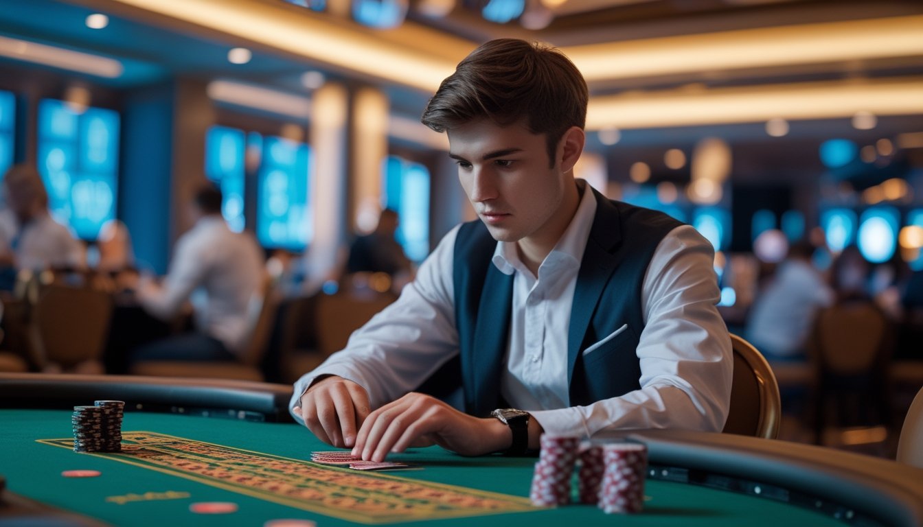 Seorang pria fokus bermain poker Casino Hold’em di meja kasino dengan tumpukan chip terbatas.