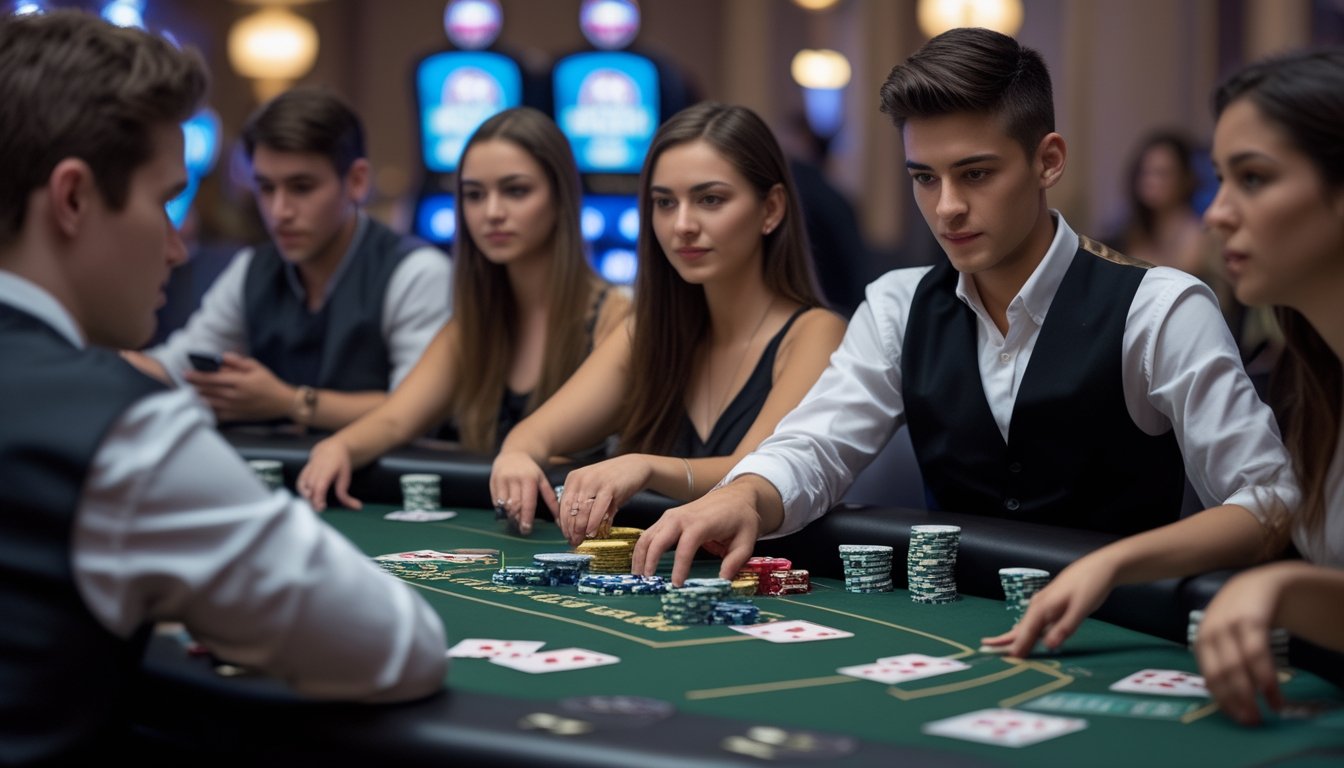 Meja kasino dengan pemain yang sedang bermain Casino Hold’em, dengan chip dan kartu poker di atas meja.