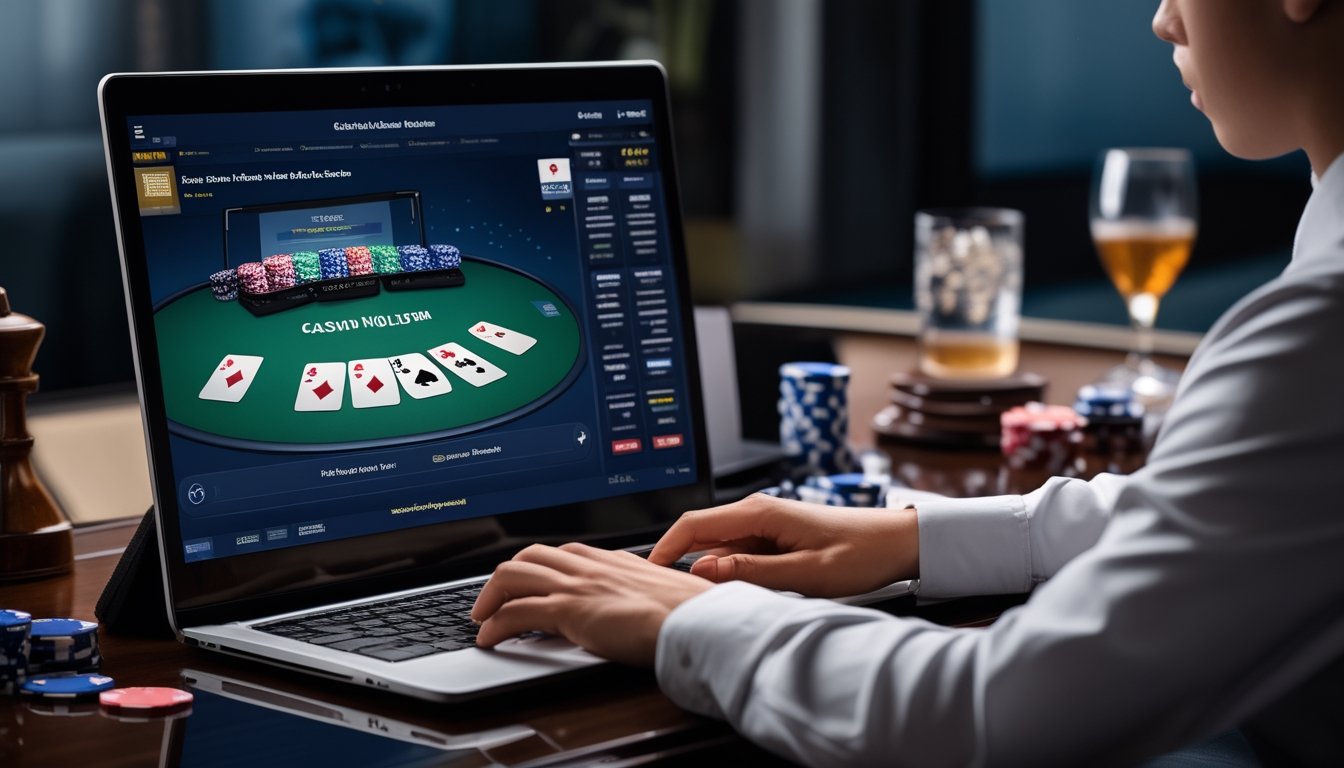 Seorang pemain sedang fokus bermain Casino Hold'em online di depan komputer dengan kartu dan chip poker di meja.