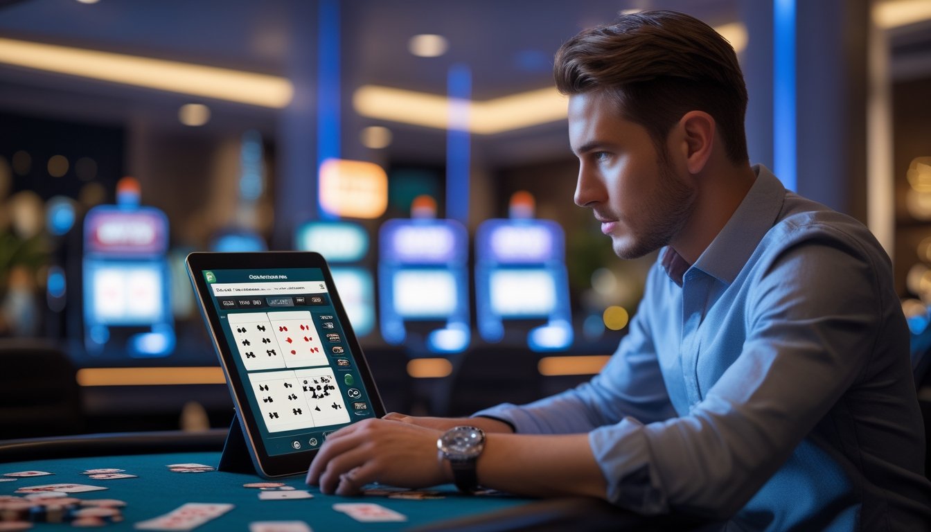 Seorang pria muda duduk di meja kasino dengan tablet, fokus bermain permainan Casino Hold'em online.