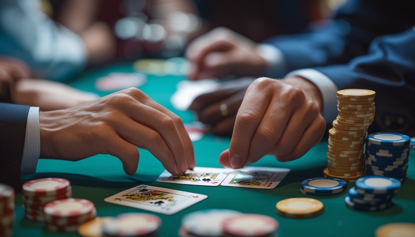 Seorang pemain menghitung peluang dan odds di meja Casino Hold’em dengan kartu dan chip poker di kasino.