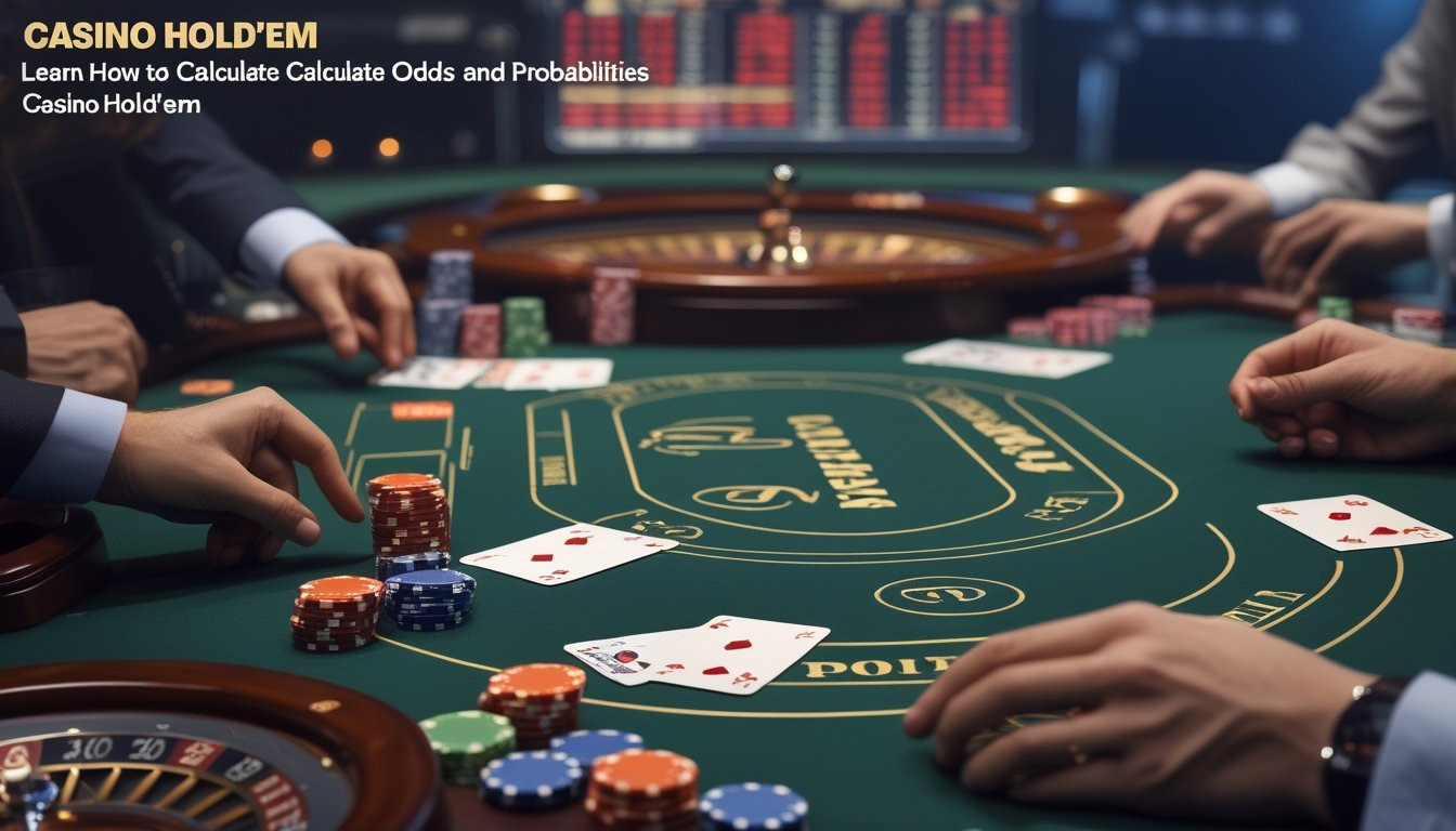 Meja kasino dengan kartu remi dan chip poker, dealer membagikan kartu, dan layar digital menampilkan grafik peluang permainan Casino Hold’em.