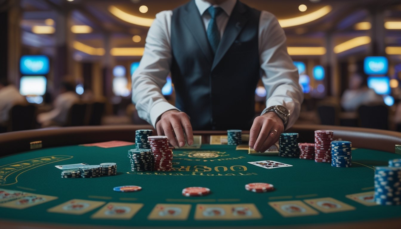 Meja kasino dengan kartu dan chip poker untuk permainan Casino Hold’em, dealer dan beberapa pemain sedang bermain.