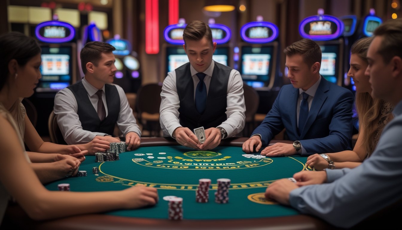 Meja kasino dengan dealer membagikan kartu kepada pemain yang fokus bermain Casino Hold’em.