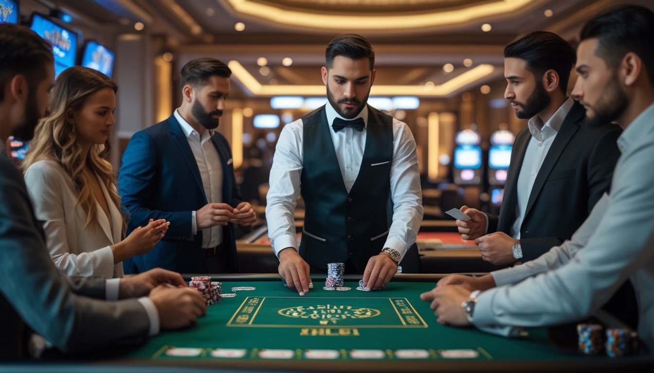 Seorang dealer dan beberapa pemain duduk di meja kasino bermain Casino Hold'em dengan suasana kasino yang elegan dan pencahayaan hangat.