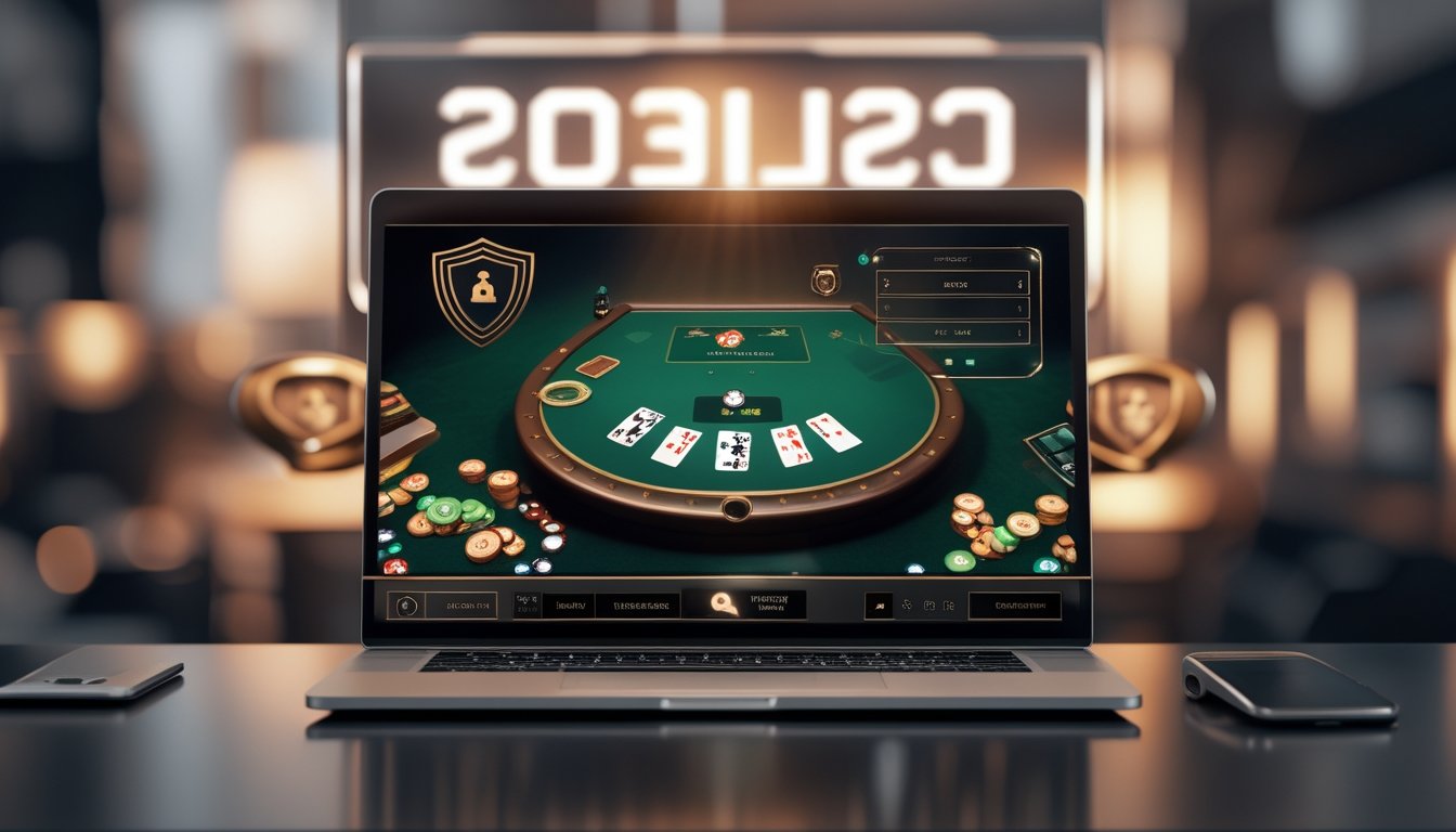 Seorang pengguna sedang bermain Casino Hold'em poker online di laptop dengan suasana yang profesional dan aman.