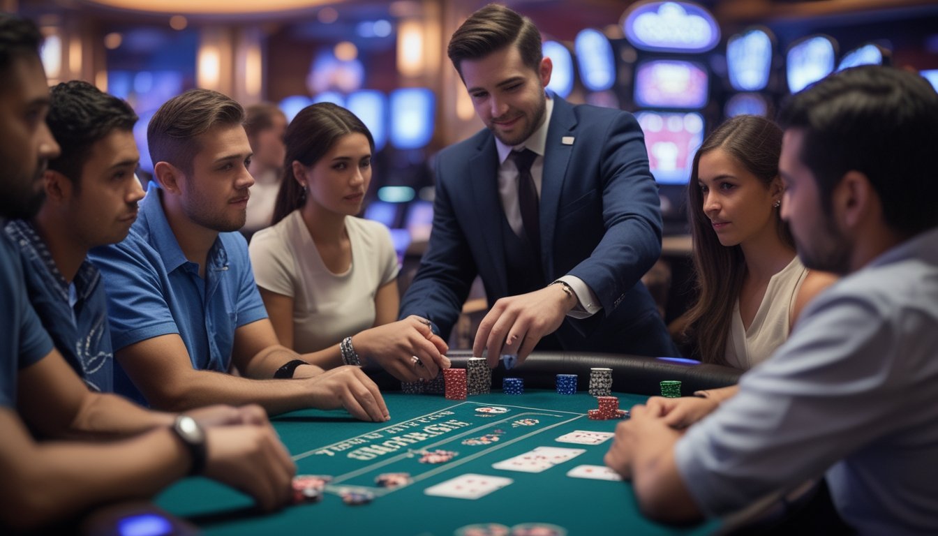 Sekelompok pemula bermain Casino Hold’em di meja poker dengan dealer yang sedang membagikan kartu di kasino.