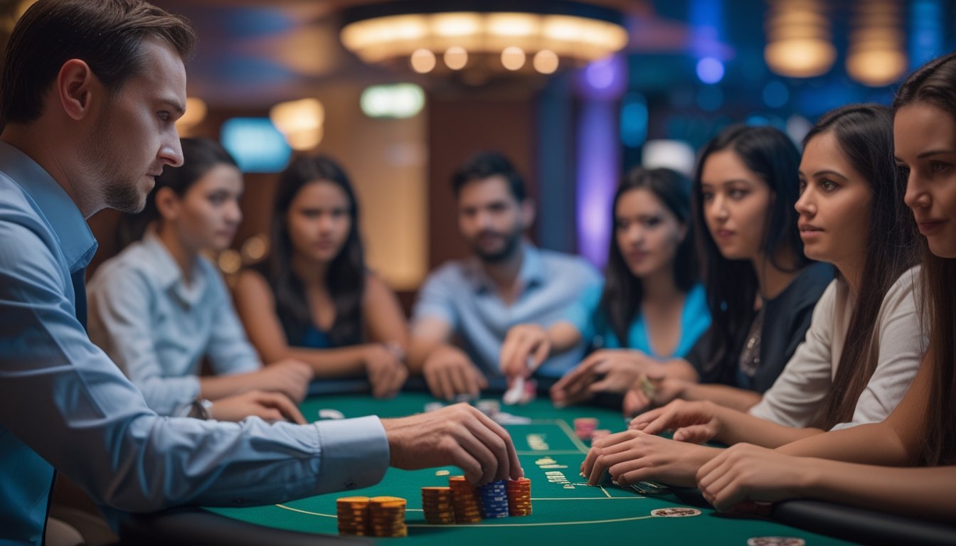 Seorang dealer kartu dan beberapa pemain pemula sedang bermain Casino Hold’em di meja kasino.