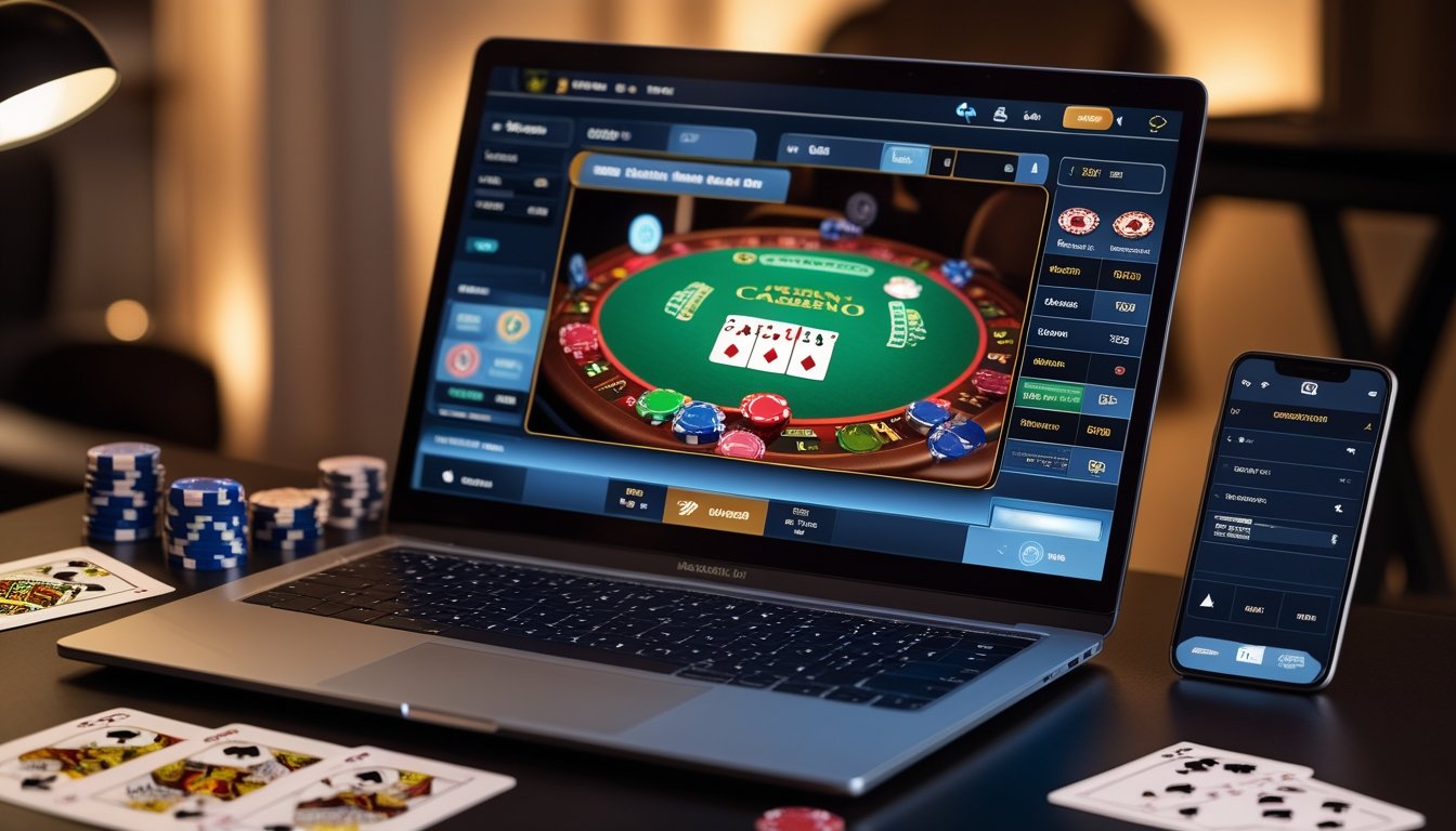 Seorang pemain menggunakan laptop dengan tampilan permainan Casino Hold'em, dikelilingi oleh chip poker dan kartu bermain di meja.