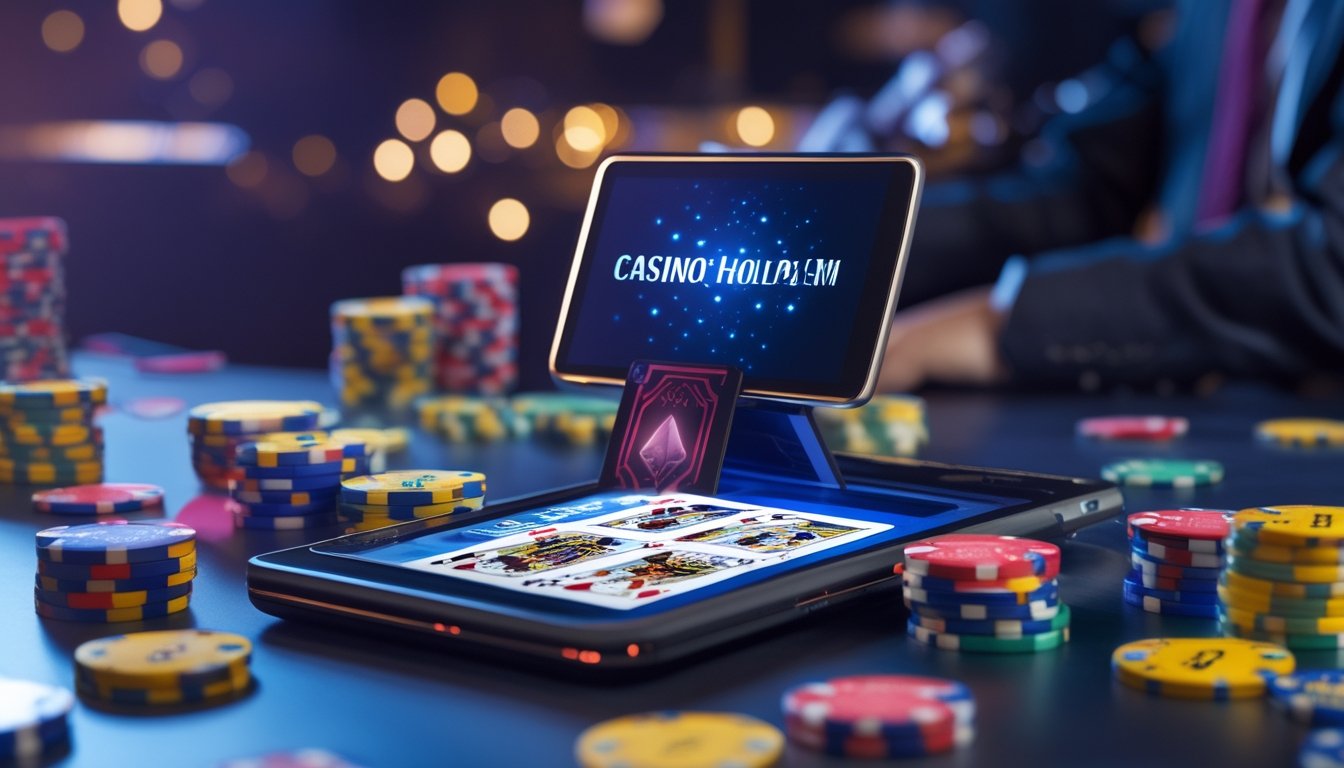Meja poker digital dengan kartu dan tumpukan chip di layar komputer atau tablet, dikelilingi elemen kasino seperti kartu dan chip warna-warni.