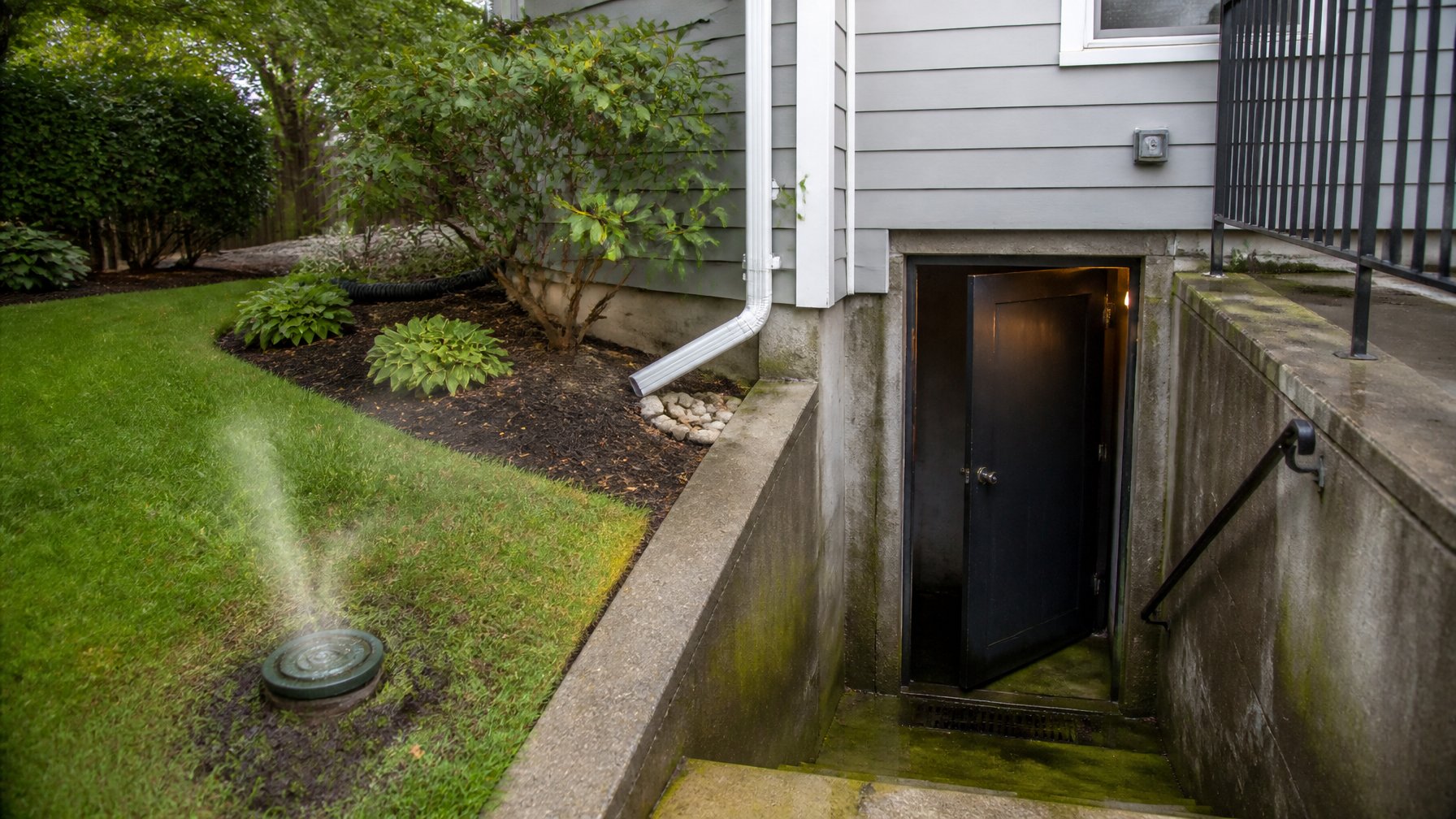A backyard and basement entrance of a suburban home with damp grass near a sewer pipe and a slightly open basement door with water on the ground.