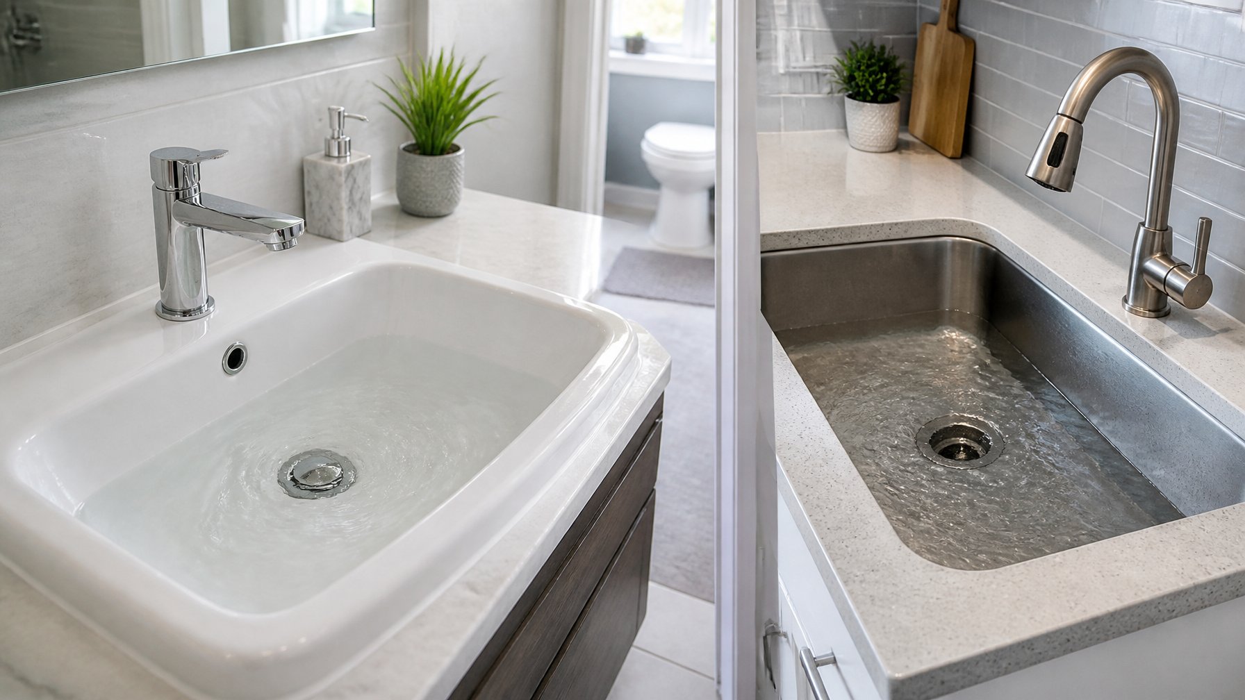 A bathroom sink and kitchen sink with water slowly draining, showing water pooling around the drains.
