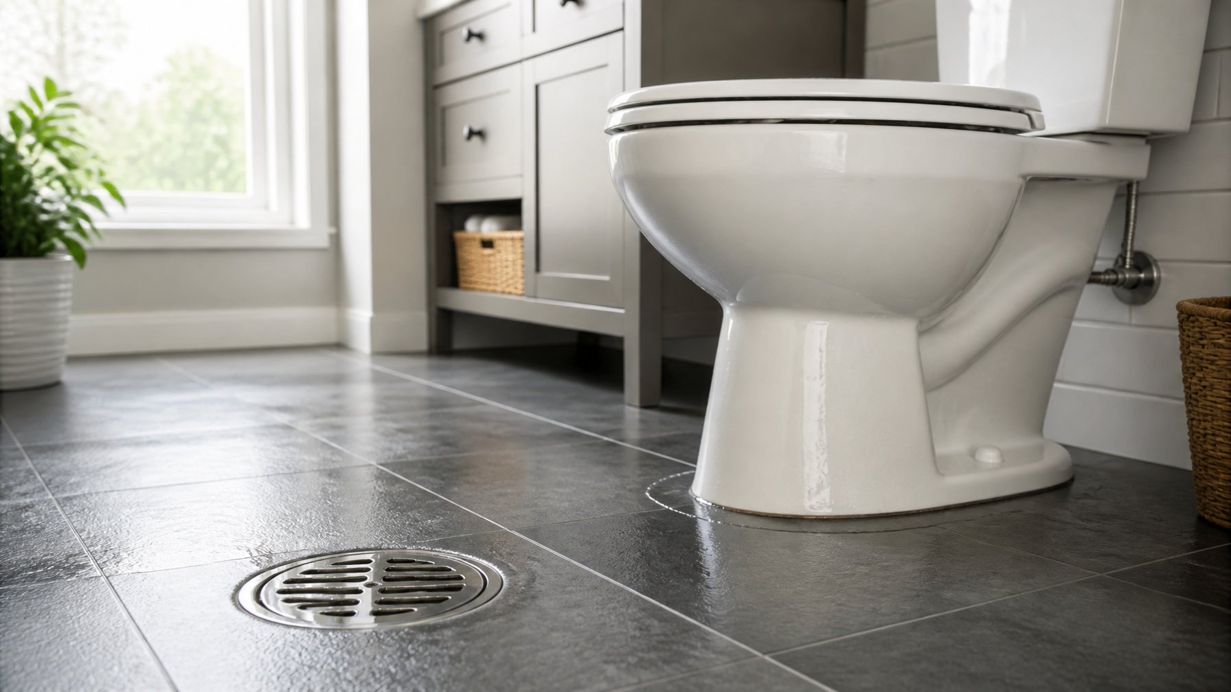 A clean bathroom showing a white toilet and a nearby drain with water droplets around the base, indicating possible plumbing issues.