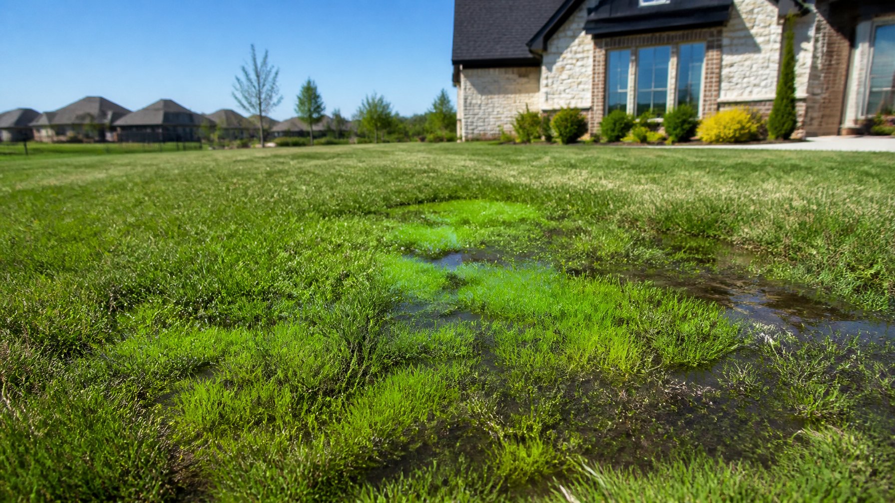 Close-up of a residential lawn with soggy, unusually green patches of grass near a suburban home.
