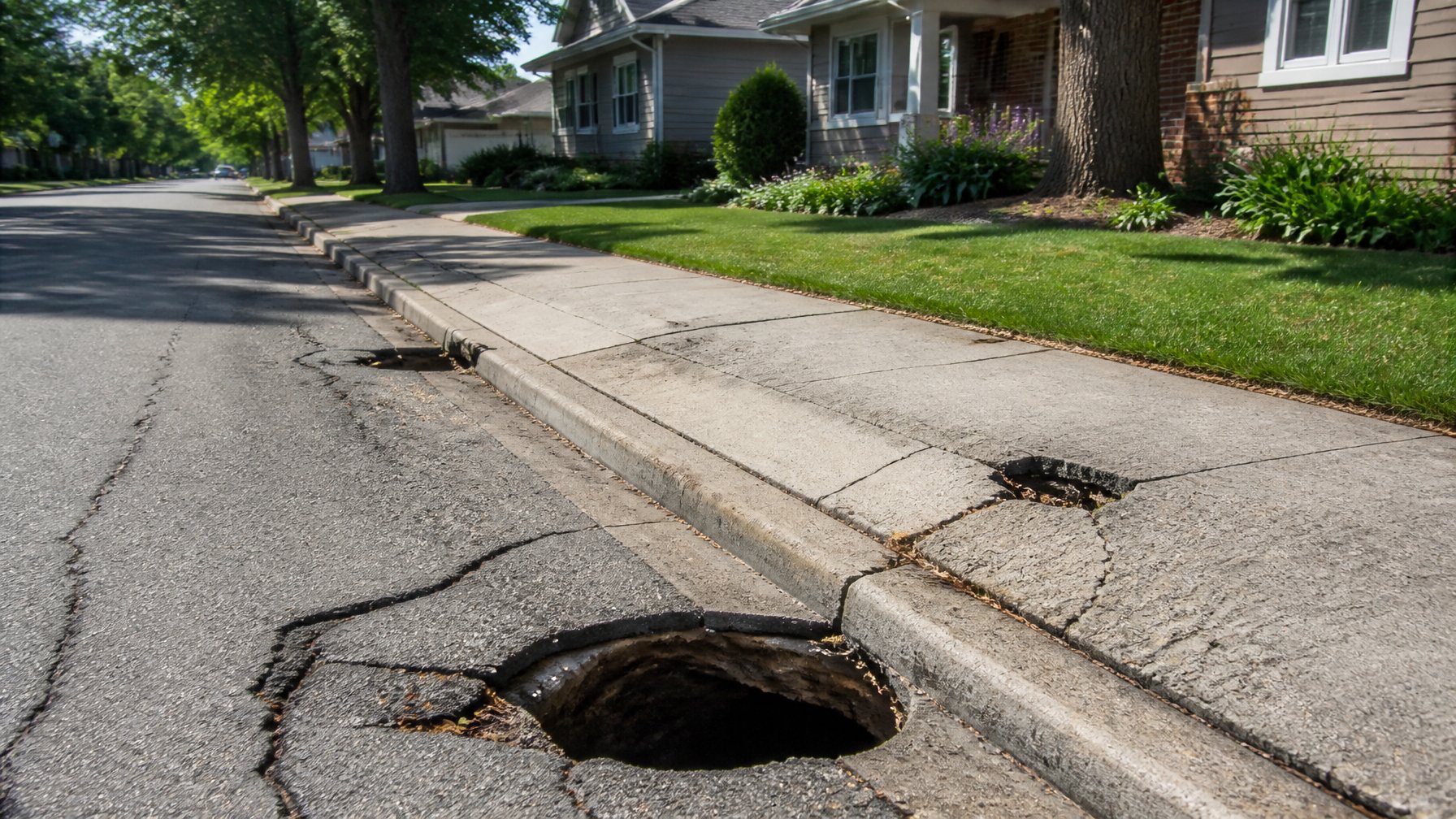 A residential street with small sinkholes and depressions near a sewer line, showing cracked asphalt and ground damage next to houses.