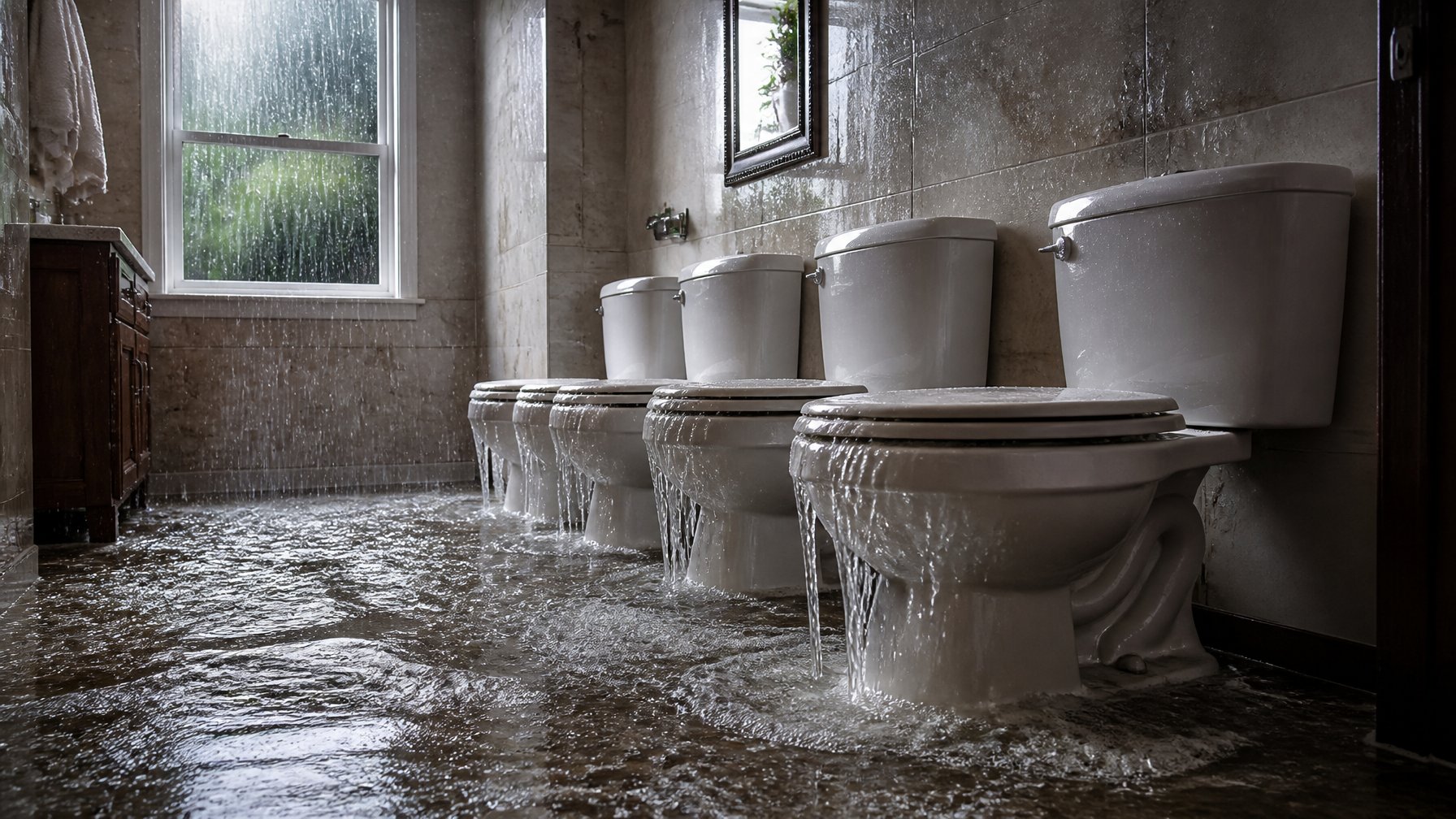 Multiple toilets overflowing with water inside a bathroom during heavy rainfall.