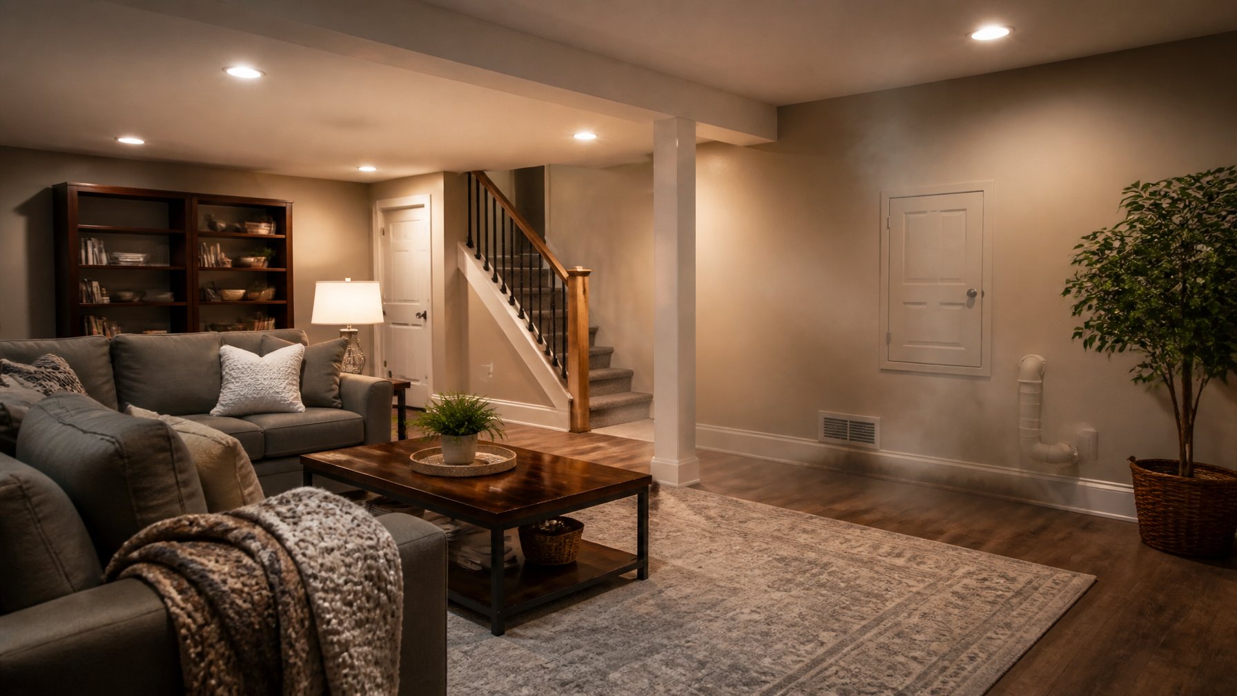 A finished basement room with furniture and a visible utility access panel, suggesting plumbing issues.