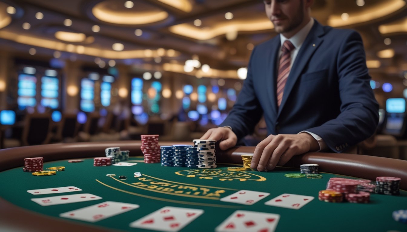 Meja poker Casino Hold’em dengan kartu dan chip di kasino yang mewah dan pencahayaan hangat.