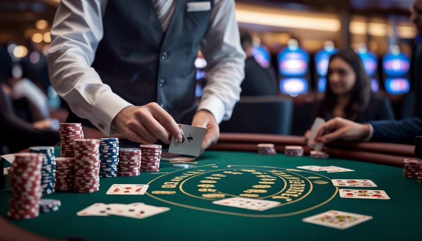 Meja kasino Casino Hold’em dengan dealer membagikan kartu dan pemain yang fokus bermain.