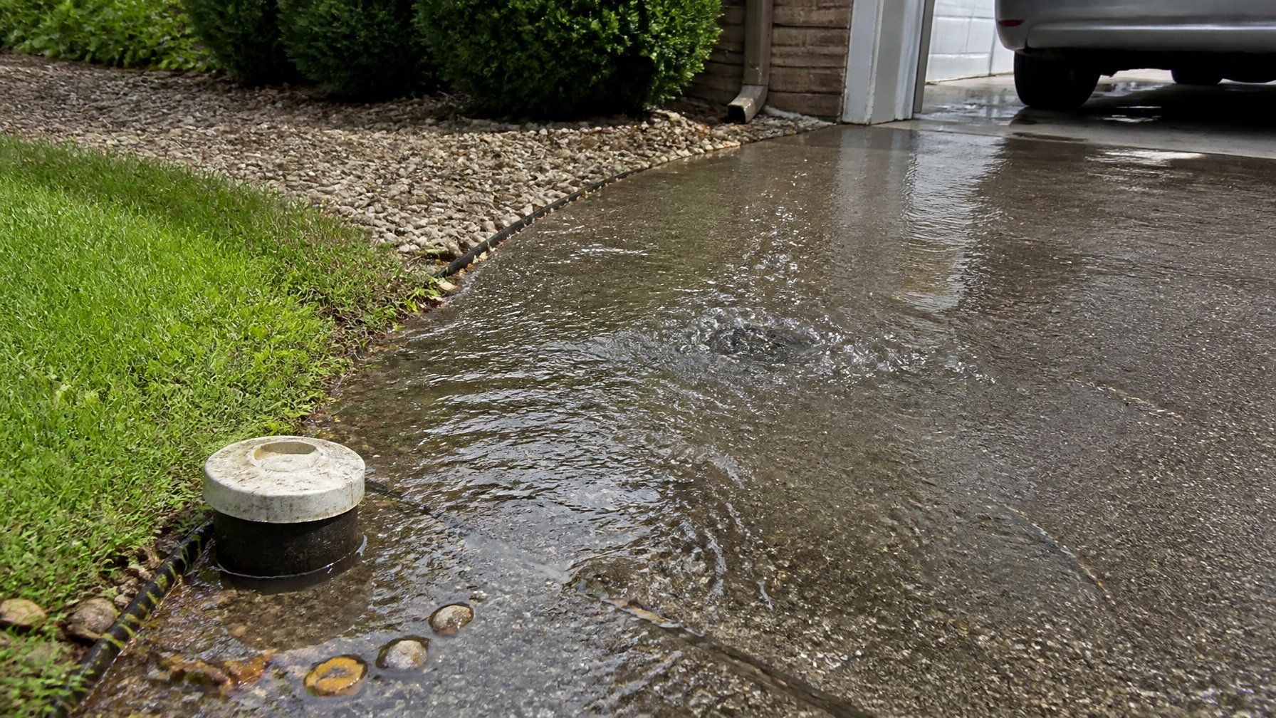Murky water pooling on a residential driveway near a sewer cleanout pipe outside a suburban home.