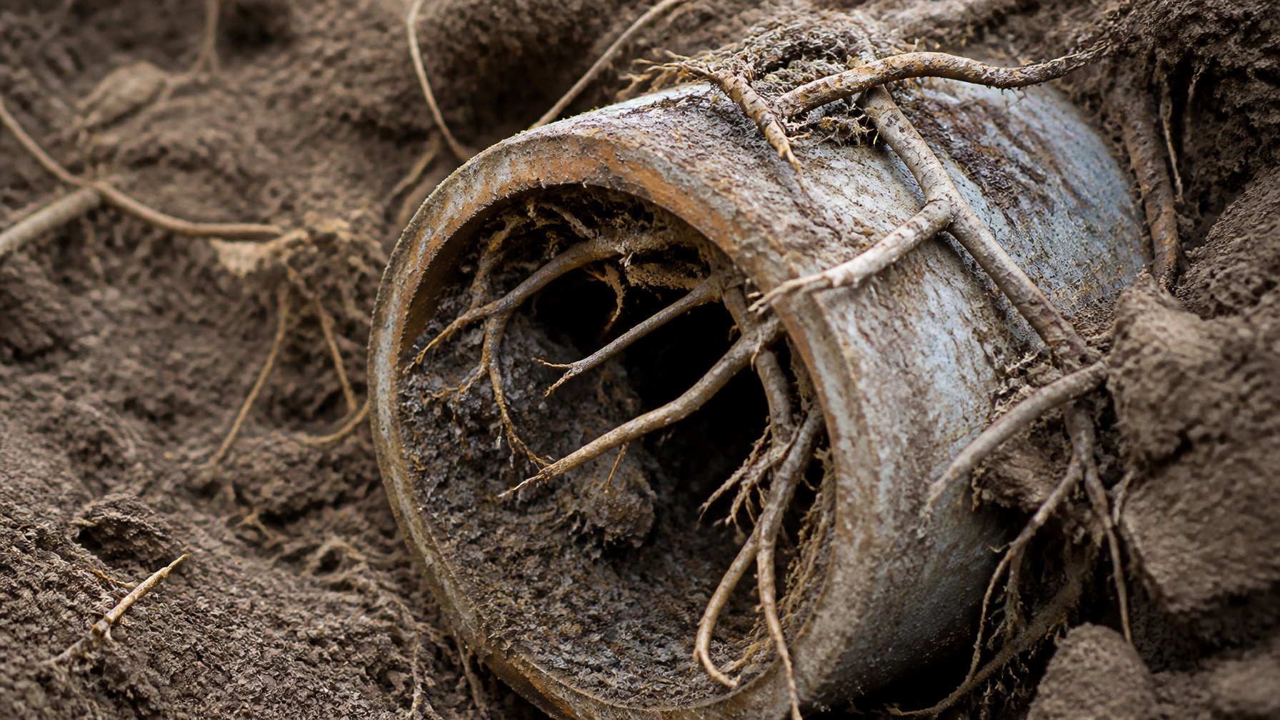Close-up of an exposed sewer pipe with tree roots growing around and into it underground.