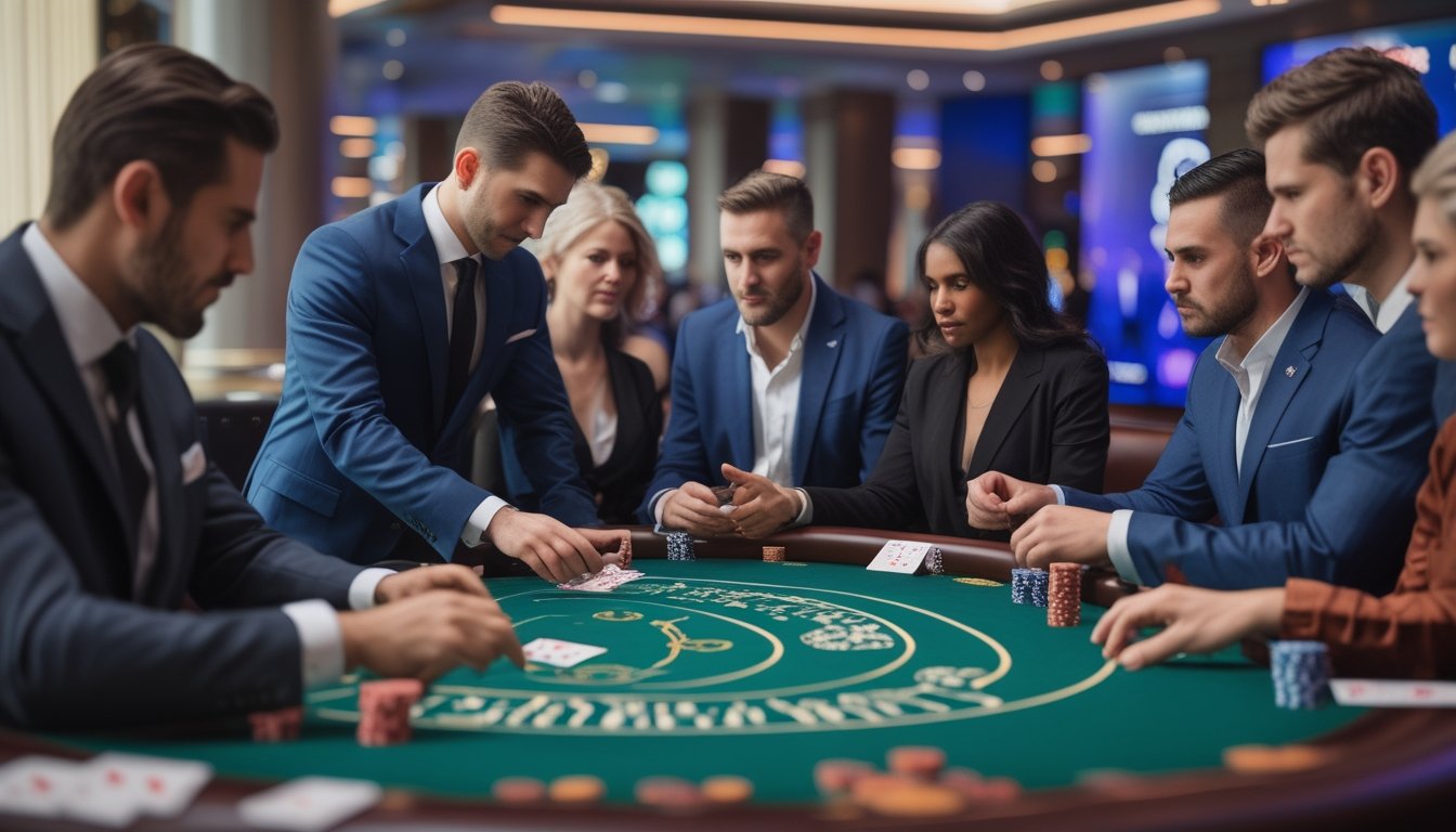 Seorang dealer dan beberapa pemain duduk di meja Casino Hold’em di dalam kasino dengan suasana yang tenang dan fokus.