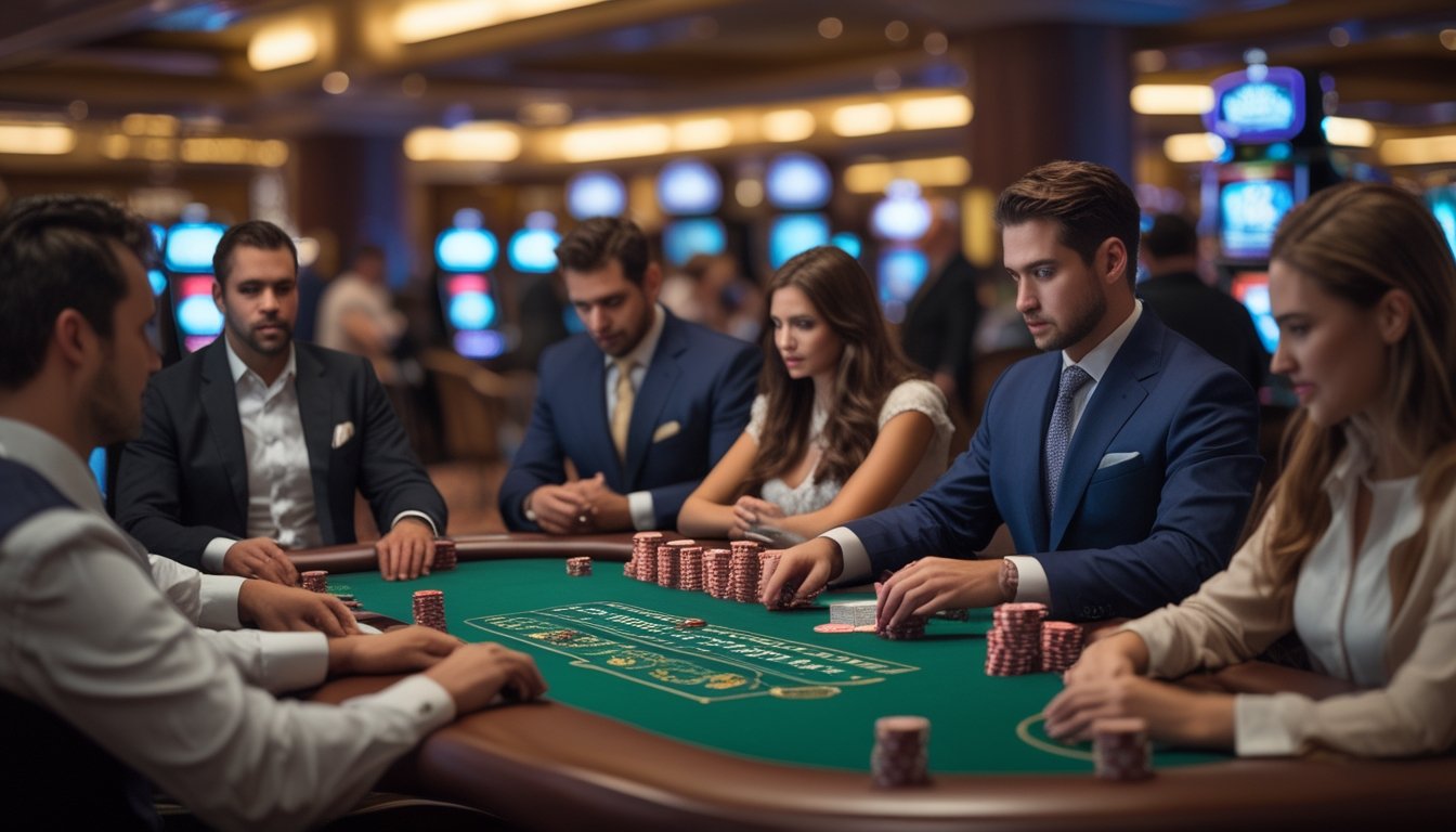 Seorang dealer sedang membagikan kartu di meja Casino Hold’em dengan beberapa pemain yang fokus bermain di kasino.