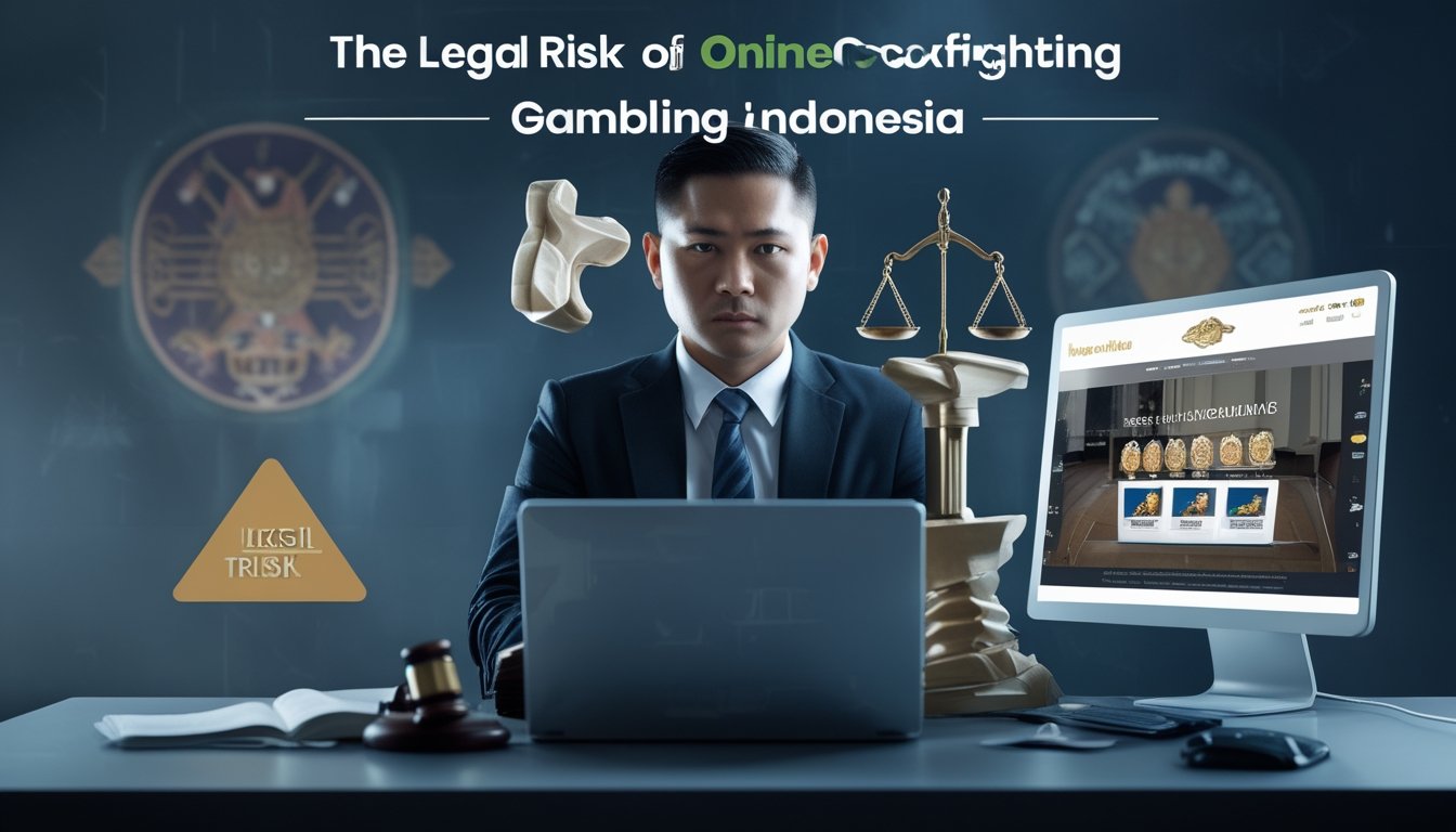 Seorang pria Indonesia serius duduk di depan laptop dengan simbol hukum seperti palu pengadilan dan timbangan keadilan di sekitarnya.