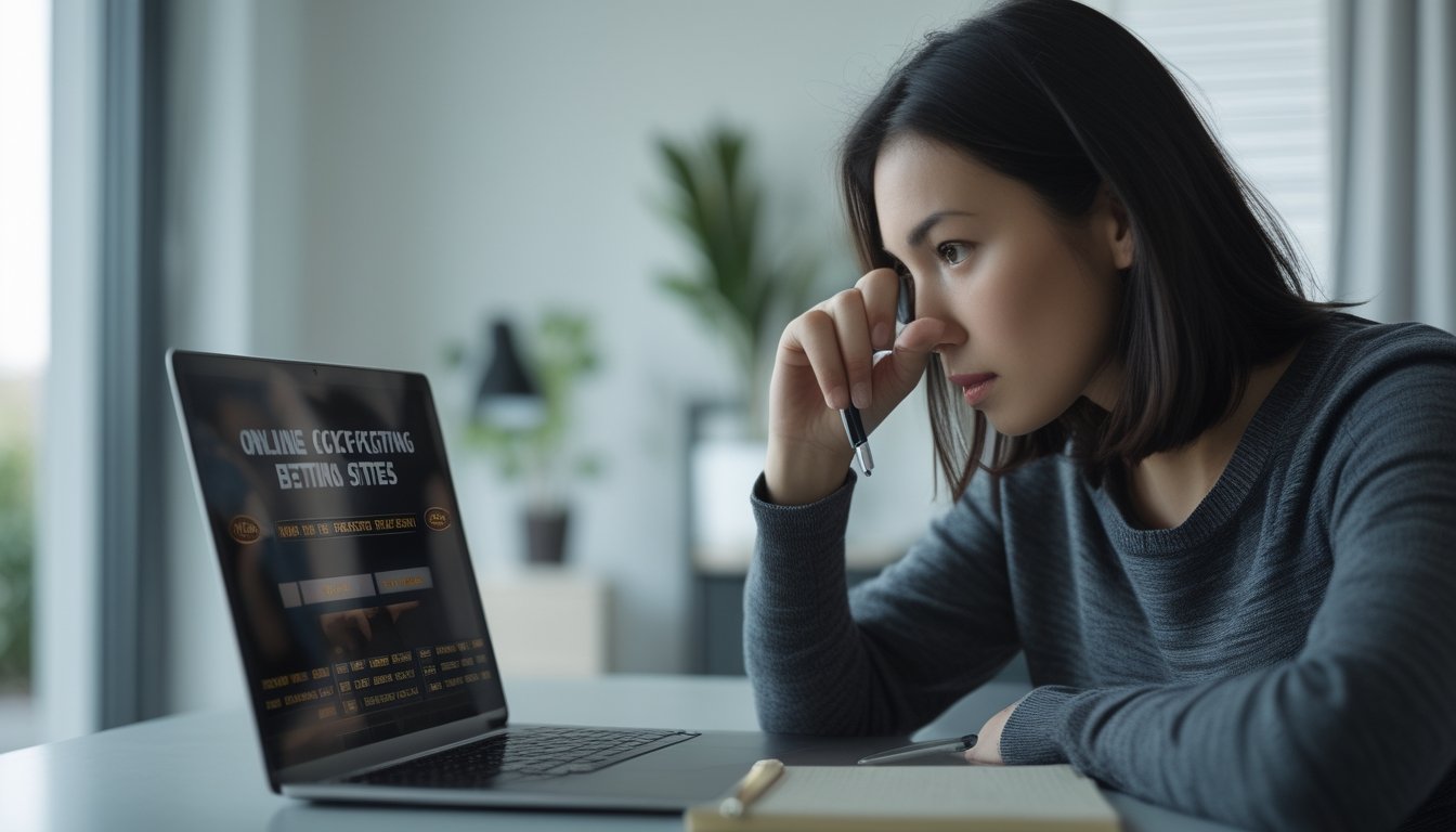Seseorang sedang menggunakan laptop di ruang kerja rumah, terlihat serius dan fokus saat meneliti situs judi online yang berbahaya.