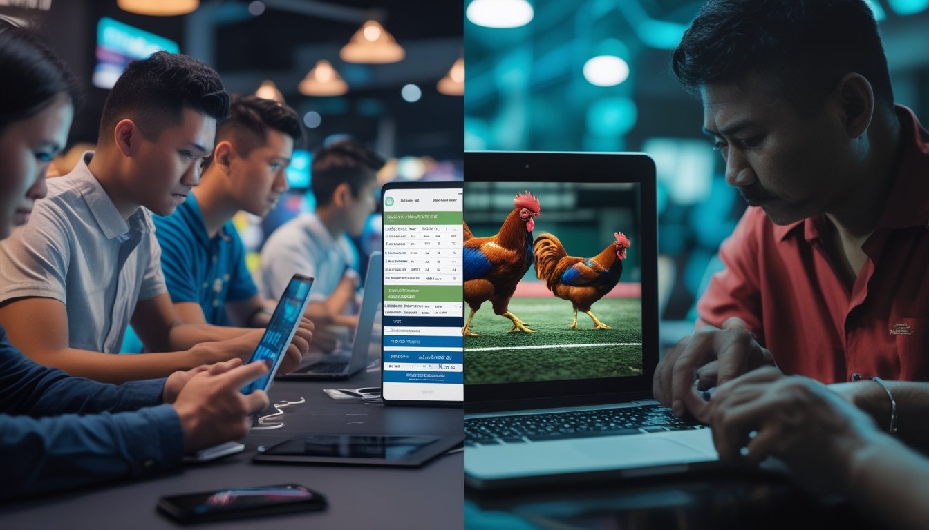 Gambar yang membandingkan taruhan legal dengan judi sabung ayam online di Indonesia, menampilkan orang-orang menggunakan perangkat digital di lingkungan taruhan legal di sebelah kiri dan adegan sabung ayam yang sedang berlangsung di layar ponsel di sebelah kanan.