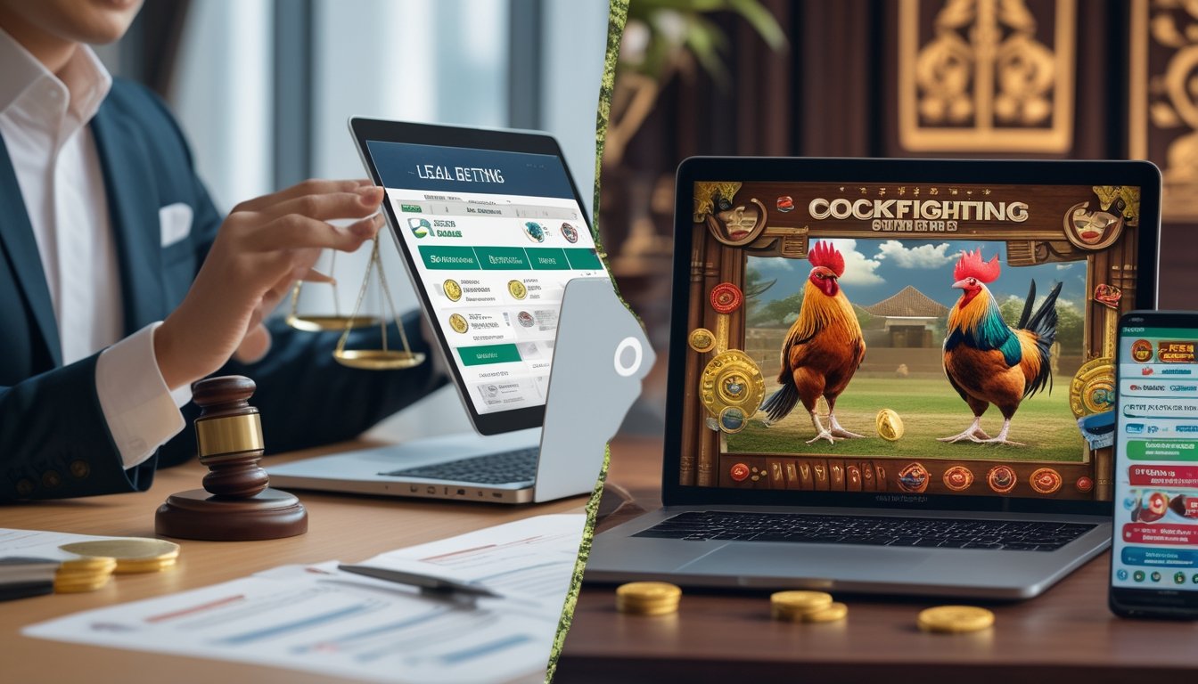 Seseorang menggunakan laptop untuk taruhan legal di sebelah kiri dan tampilan permainan judi sabung ayam online di smartphone di sebelah kanan, dengan latar belakang elemen budaya Indonesia.