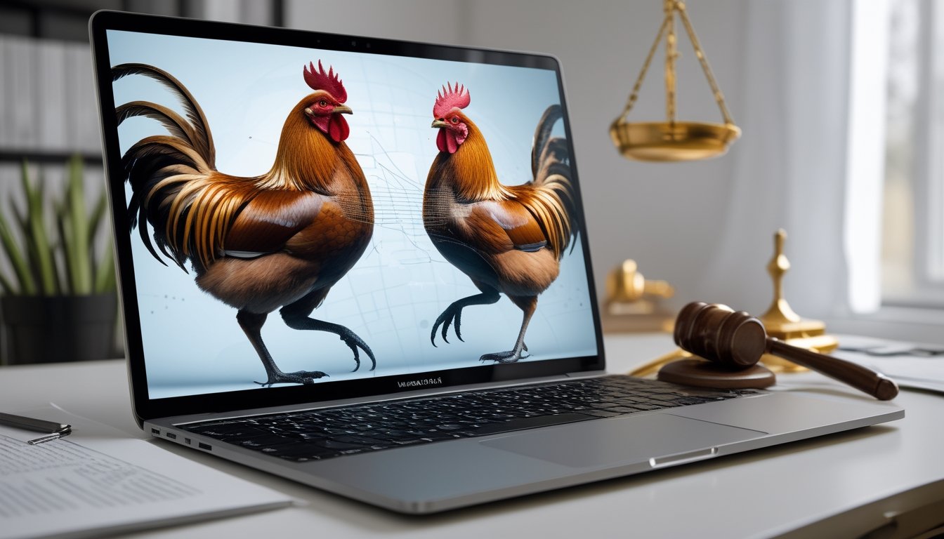 Sebuah laptop menampilkan gambar dua ayam jago yang sedang bertarung secara digital, dengan simbol hukum seperti palu pengadilan di sampingnya, di sebuah meja kerja yang rapi.