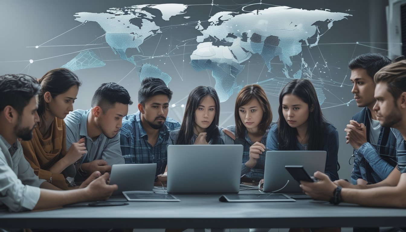 Beberapa orang dari berbagai budaya menggunakan perangkat digital untuk menonton atau terlibat dalam sabung ayam online, dengan peta dunia dan grafik digital di latar belakang yang menunjukkan penyebaran global.