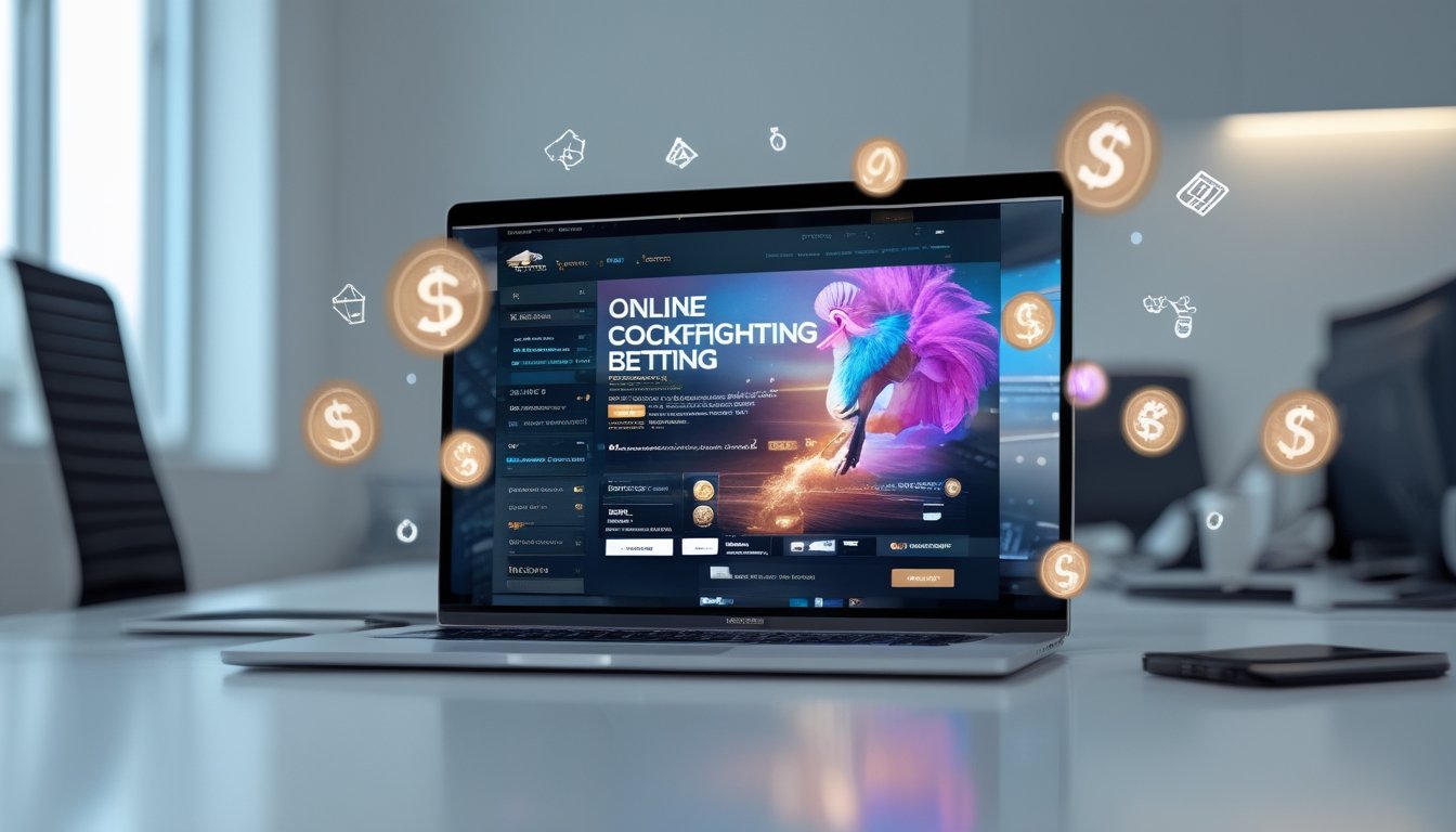Seorang pria menggunakan laptop di meja kerja dengan tampilan situs judi sabung ayam online di layar, dikelilingi simbol transaksi digital dan ikon keamanan.