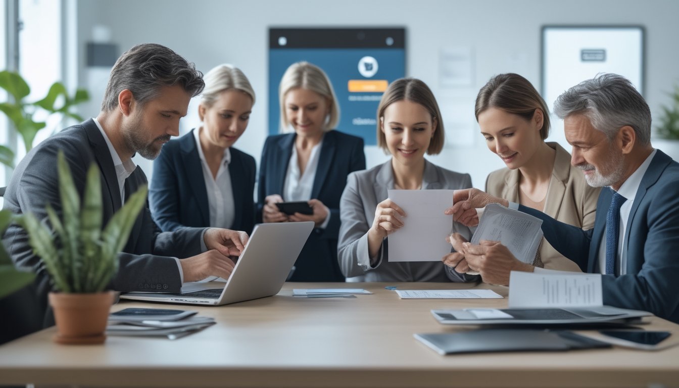Orang-orang menggunakan perangkat digital untuk mendaftar dan memverifikasi akun di lingkungan kantor modern.