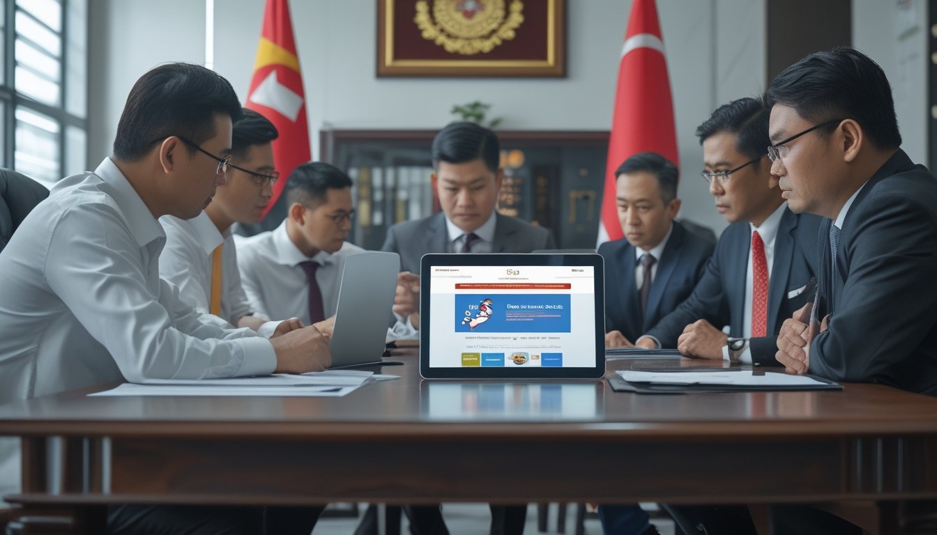 Pertemuan resmi di kantor pemerintah Indonesia dengan pejabat dan petugas penegak hukum membahas regulasi judi sabung ayam online.