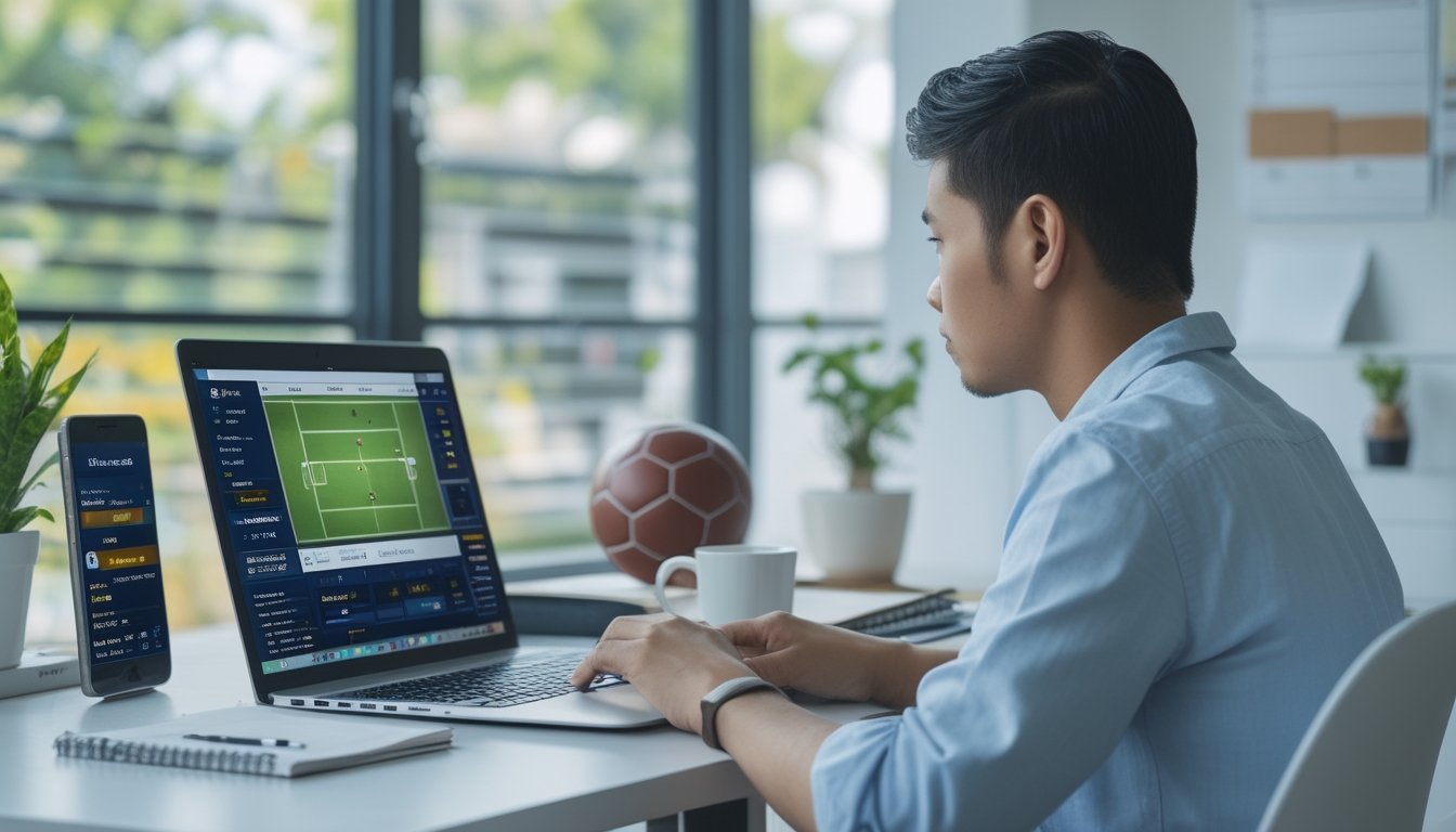 Seorang pria muda Indonesia duduk di meja dengan laptop yang menampilkan pertandingan sepak bola, dikelilingi oleh elemen terkait taruhan sepak bola online.