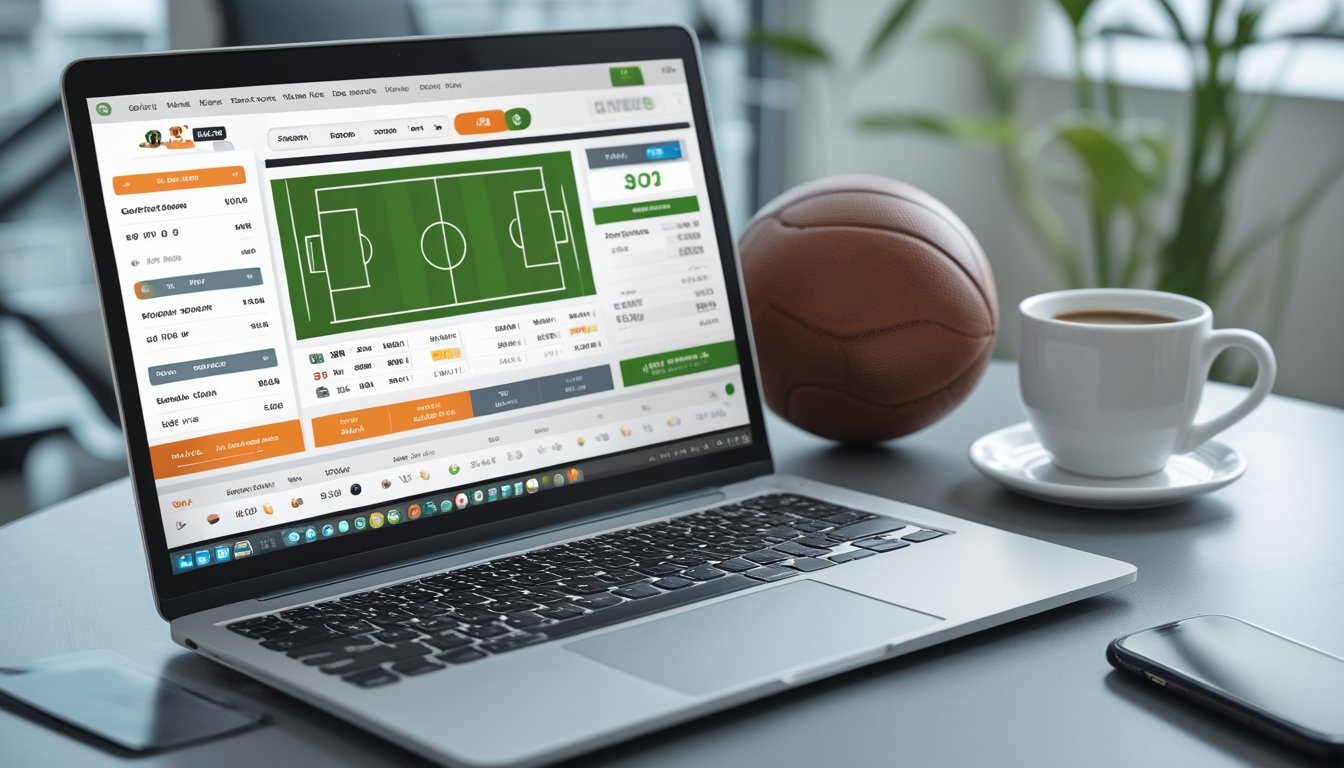 Meja kerja dengan laptop yang menampilkan situs taruhan sepak bola, bola sepak, ponsel dengan aplikasi taruhan, dan secangkir kopi di ruangan terang.