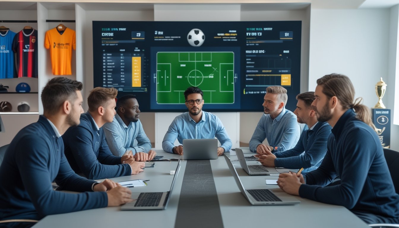 Sekelompok analis dan pemain sepak bola sedang berdiskusi strategi di sekitar meja konferensi dengan layar digital menampilkan statistik pertandingan.