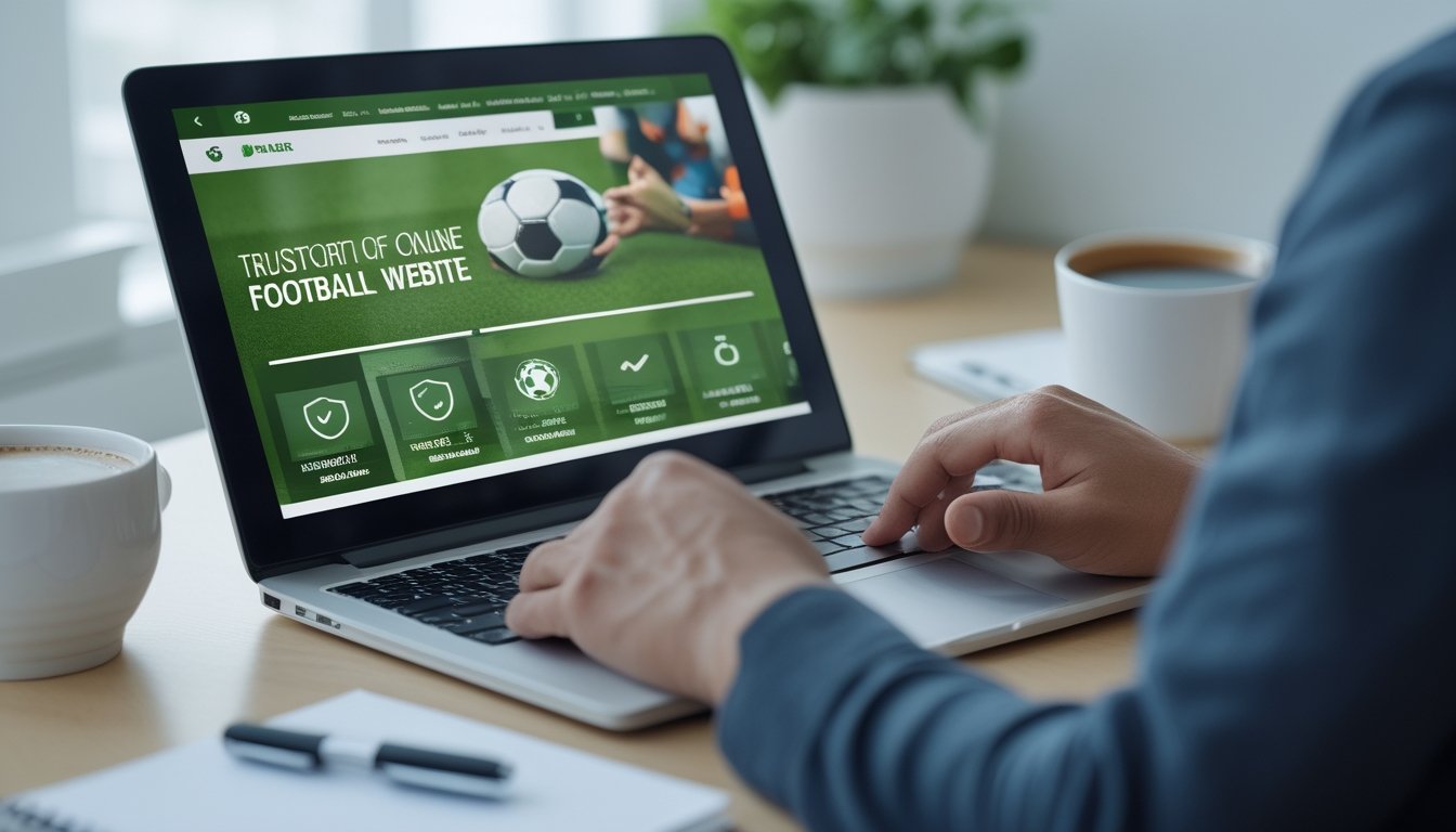 Seseorang menggunakan laptop di ruang kerja yang rapi, fokus memilih situs taruhan sepak bola yang aman dan terpercaya.