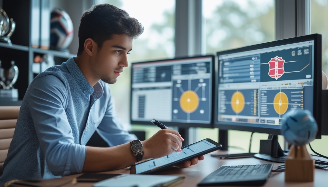 Seorang analis olahraga sedang memeriksa data pertandingan sepak bola di depan beberapa layar komputer di sebuah kantor modern.