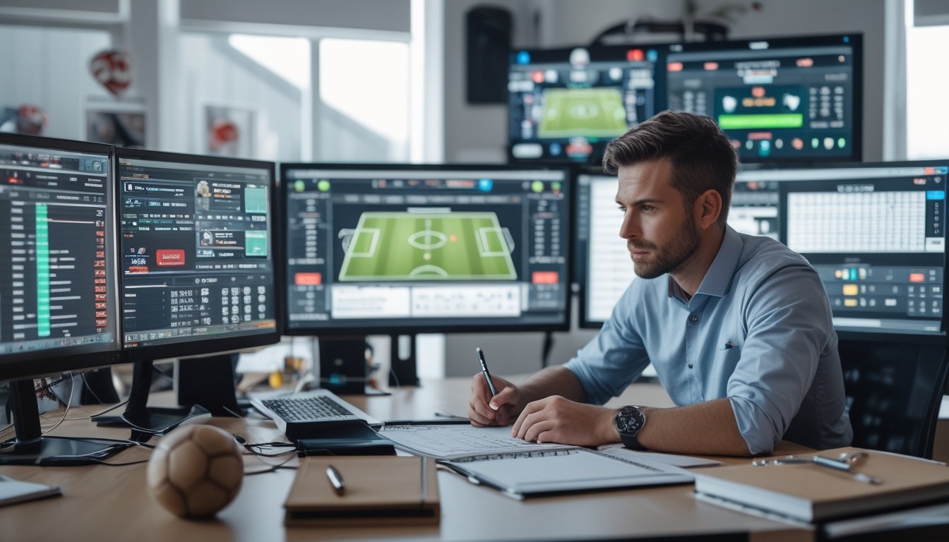 Seorang analis olahraga sedang bekerja dengan serius di meja yang penuh layar komputer menampilkan statistik dan grafik pertandingan sepak bola.