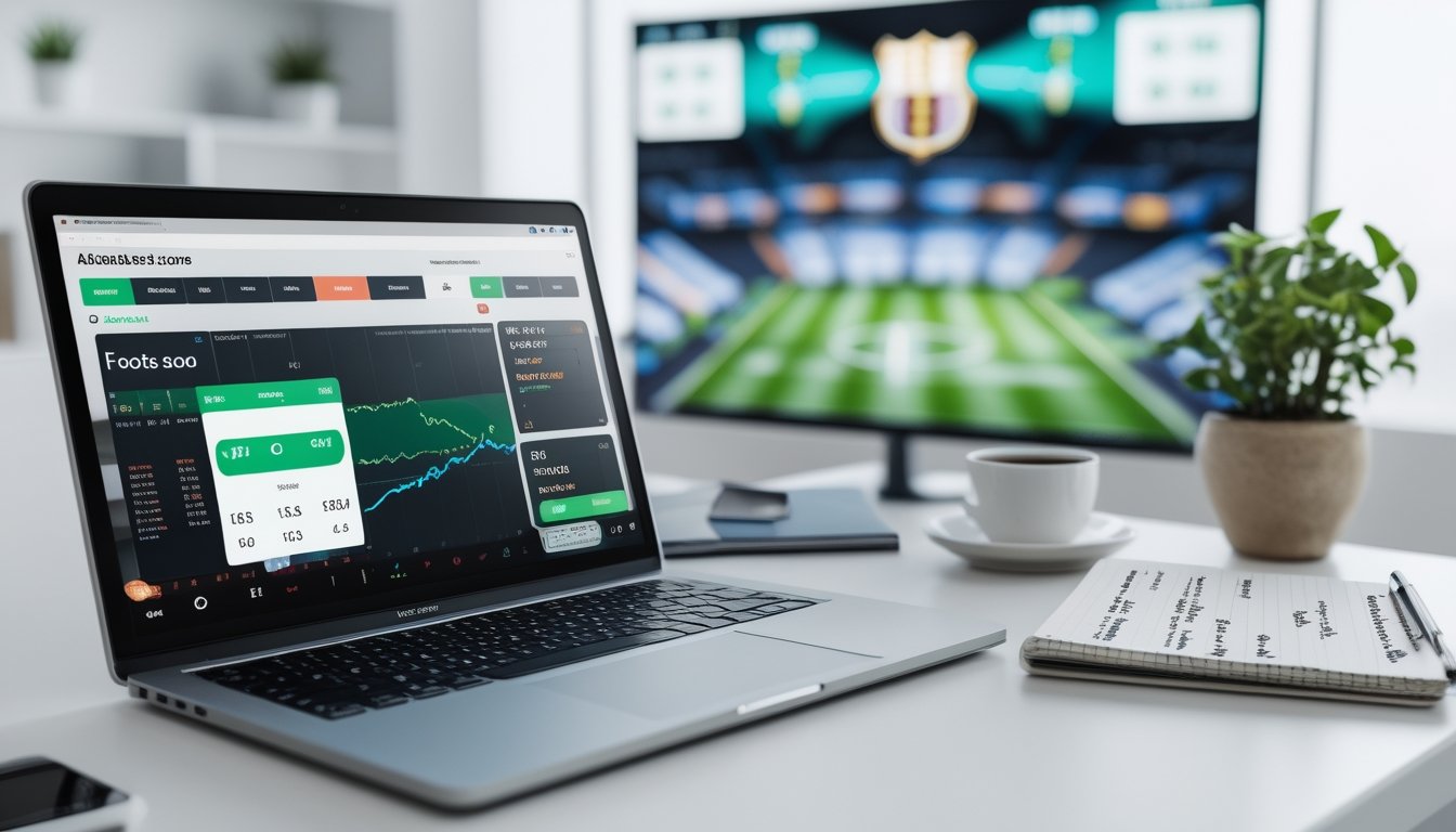 Meja kerja dengan laptop, ponsel, dan catatan yang menampilkan data dan grafik terkait prediksi skor sepak bola dan rekomendasi taruhan.