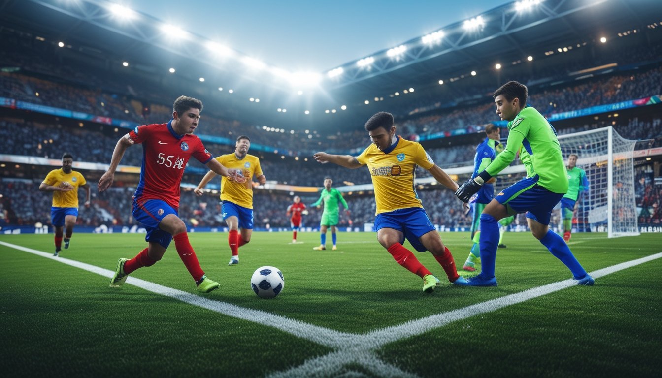 Pertandingan sepak bola yang intens dengan pemain yang beraksi di lapangan hijau dan penonton di stadion yang penuh.