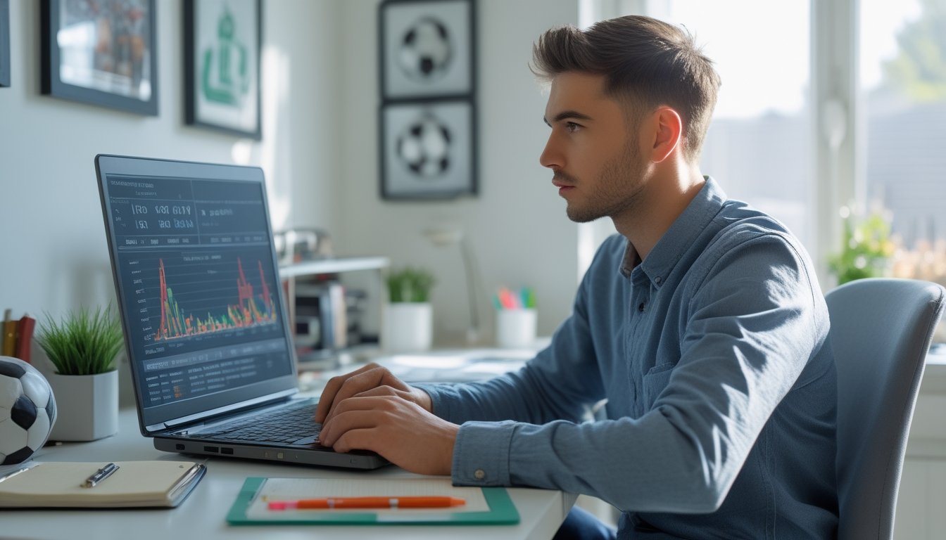 Seorang pria muda duduk di meja kerja, fokus menganalisis data taruhan sepak bola di laptop di ruang kerja rumah yang terang.