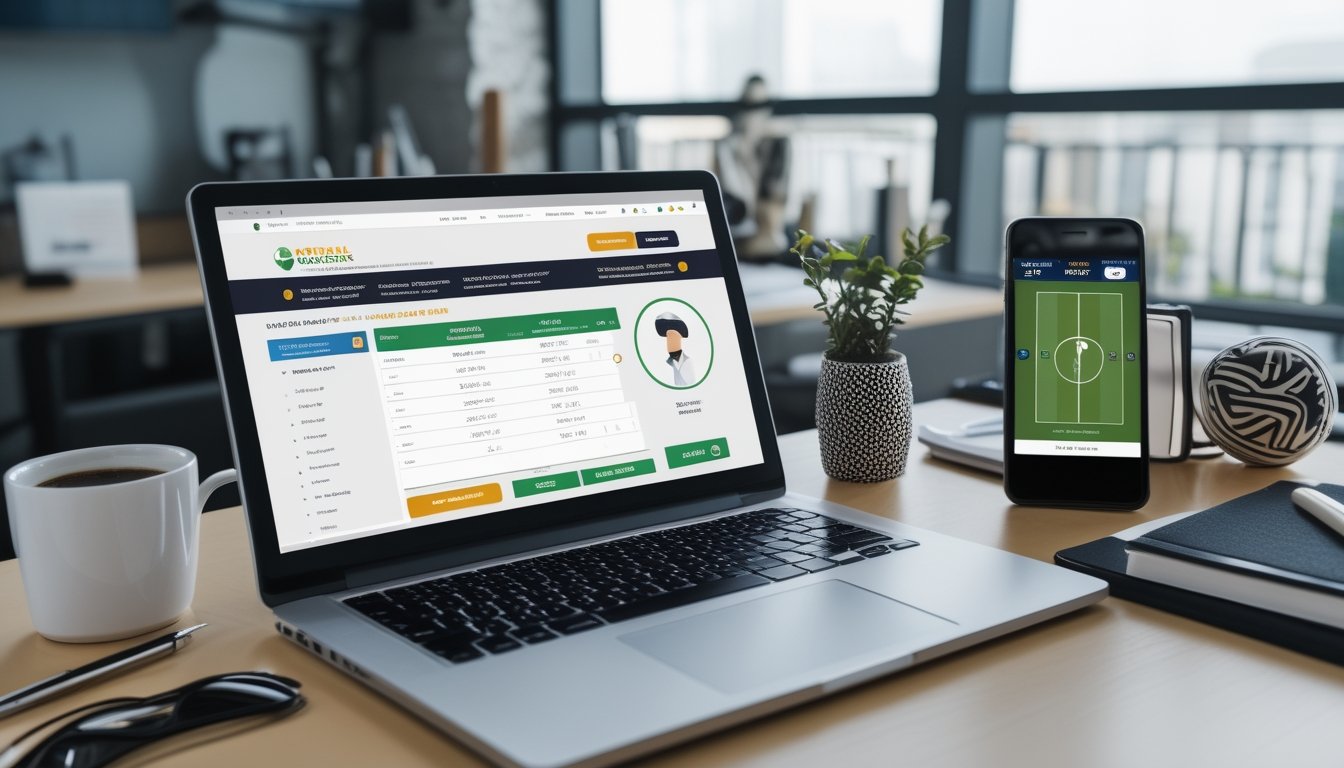 Sebuah ruang kerja modern dengan laptop dan ponsel yang menampilkan situs taruhan sepak bola, dilengkapi dengan cangkir kopi, buku catatan, dan kacamata di atas meja.
