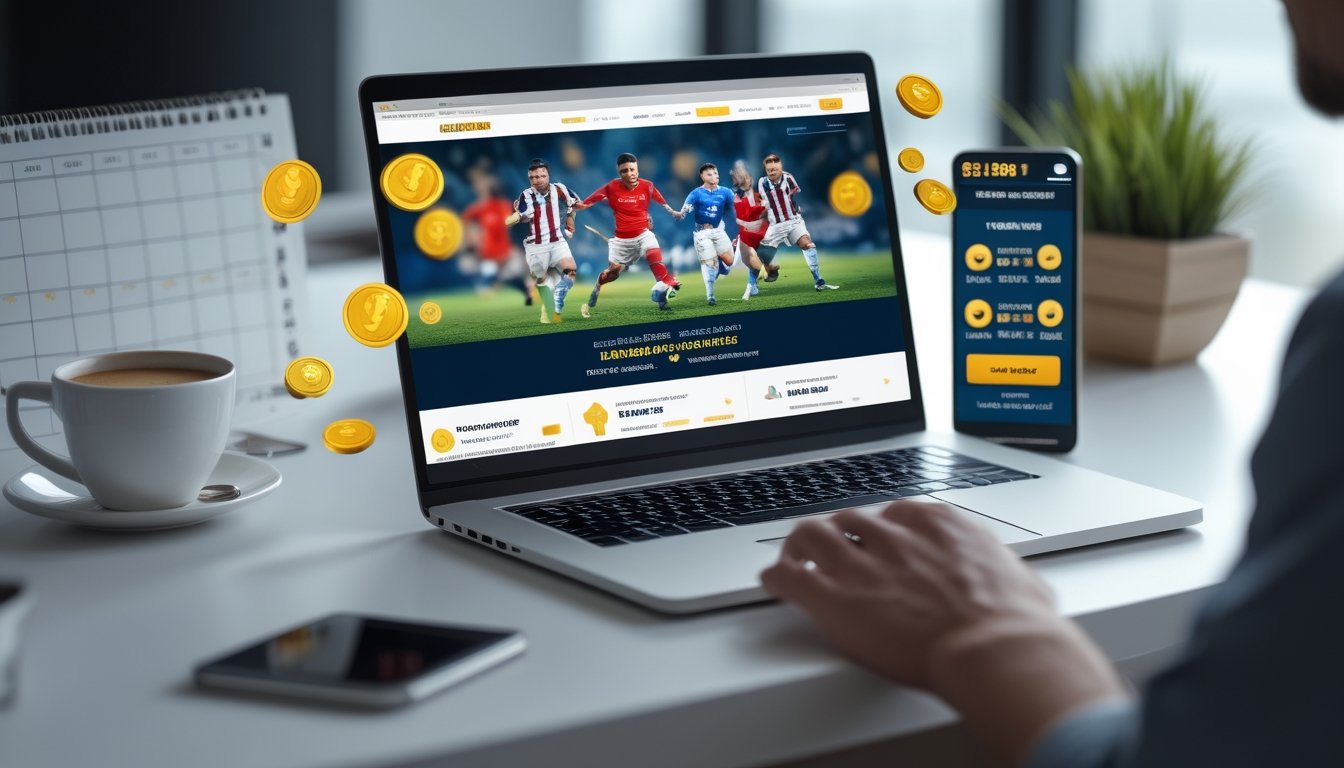 Seorang pengguna di depan laptop yang menampilkan situs taruhan sepak bola dengan ikon bonus dan promosi, dikelilingi oleh elemen seperti smartphone dan kalender di meja kerja.