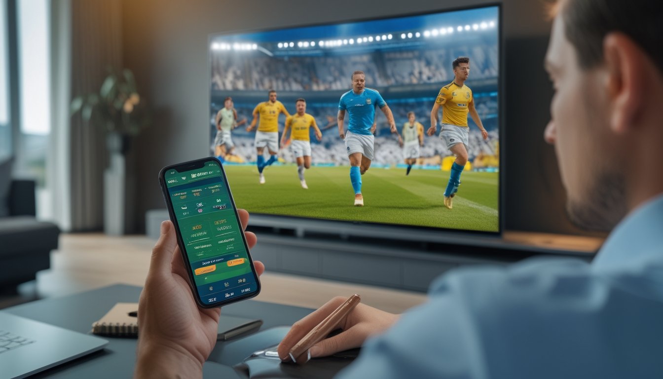 Seorang pria muda menonton pertandingan sepak bola langsung di televisi sambil melihat aplikasi taruhan langsung di ponsel di ruang tamu modern.