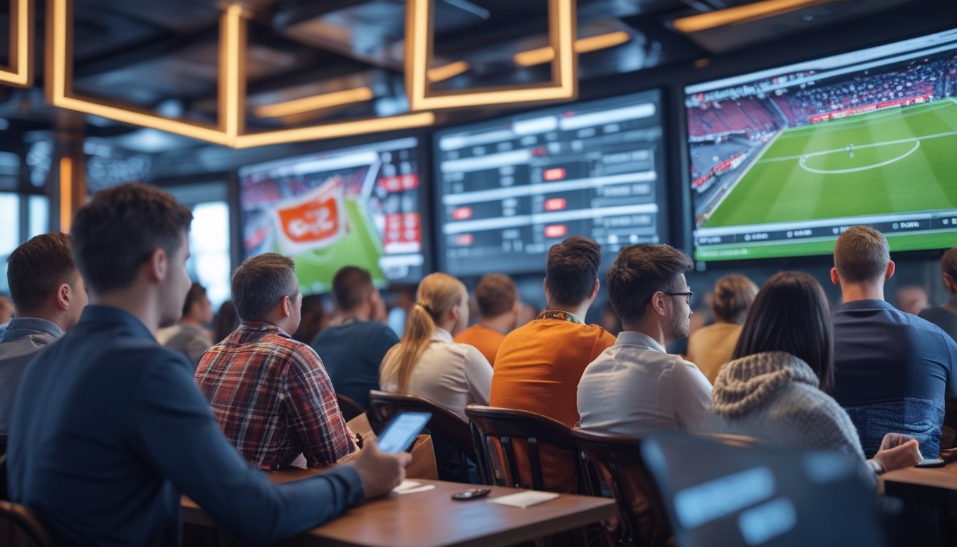 Sekelompok orang menonton pertandingan sepak bola secara langsung di layar besar sambil menggunakan perangkat untuk memasang taruhan.
